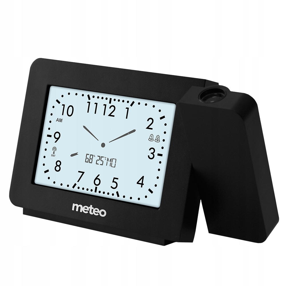 Czarny zegar cyfrowy wyświetla godzinę i temperaturę. Ma projektor z boku i napis 'meteo' na dole.