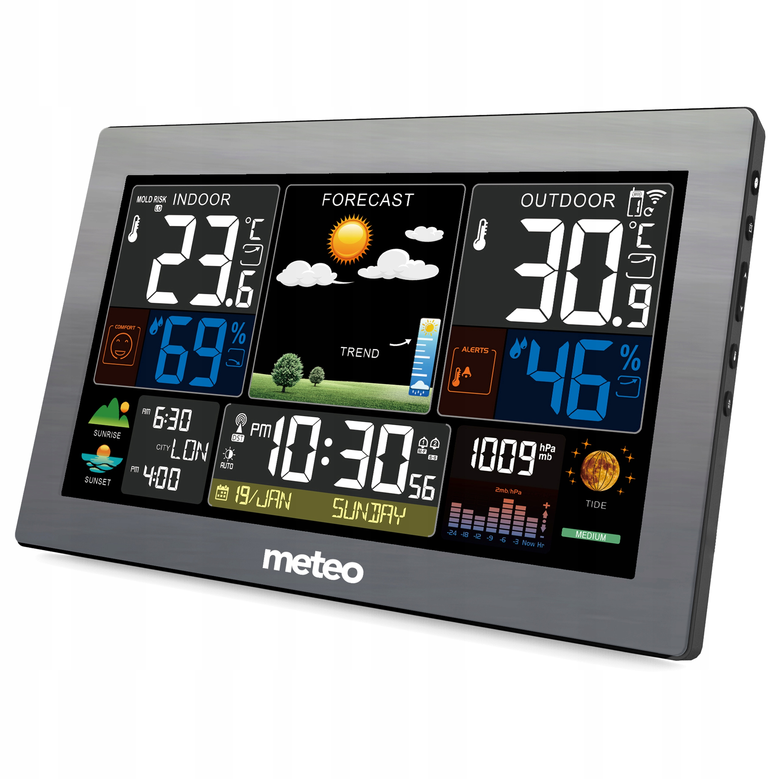Stacja pogodowa wyświetla temp. wew/zew, wilgotność, czas, datę, prognozę, pływy i alarmy na cyfrowym ekranie.