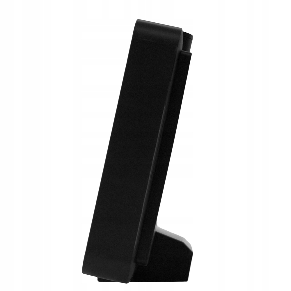 Czarny, kątowy sprzęt elektroniczny na białym tle. Wydaje się być monitorem lub podobnym urządzeniem.