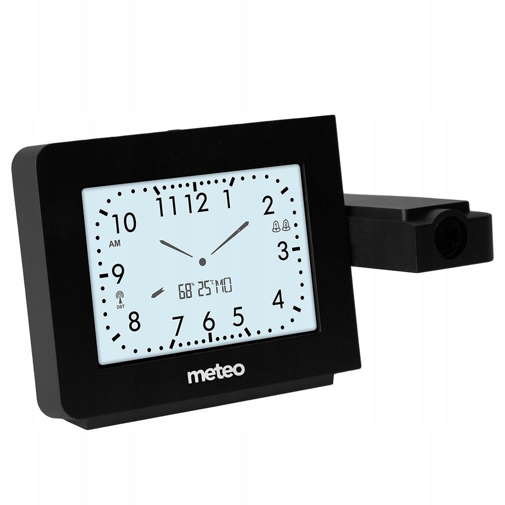 Czarny zegar cyfrowy wyświetlający godzinę i szczegóły pogody, z obiektywem projekcyjnym z boku. Zegar ma markę 'meteo'.