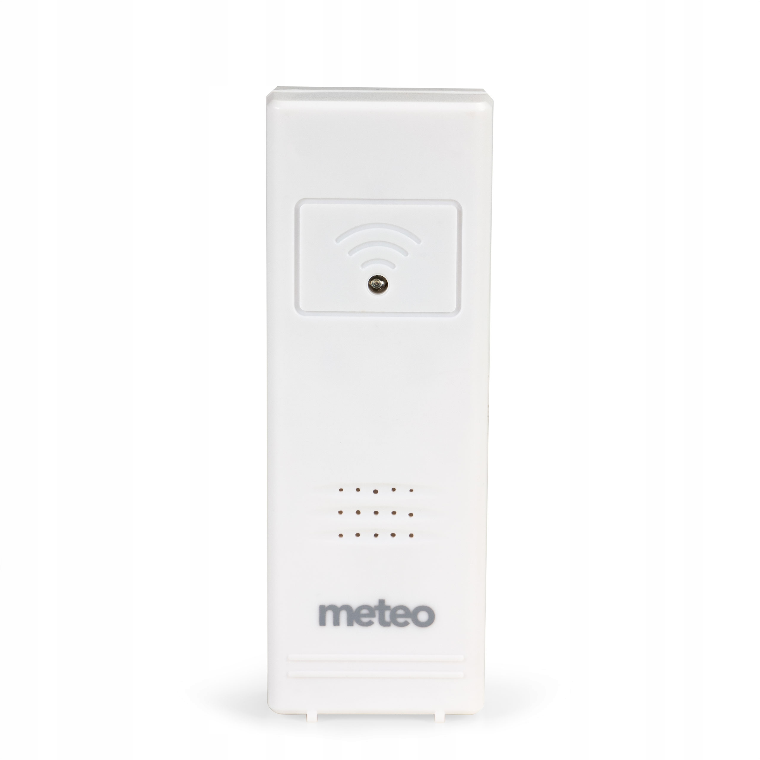 Białe prostokątne urządzenie z symbolem wifi, kropkami i tekstem "meteo".