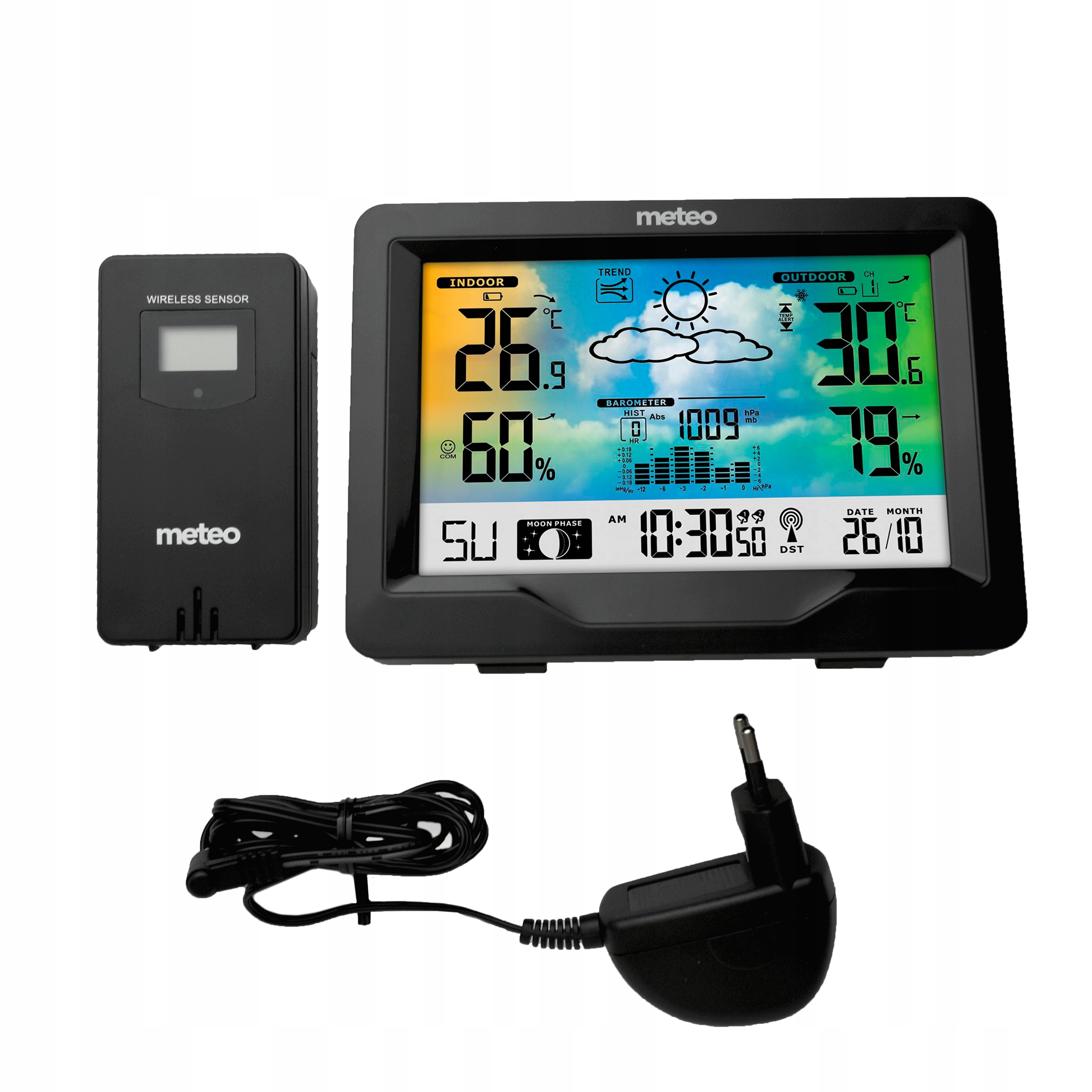 Czarna stacja pogodowa z wyświetlaczem, czujnikiem bezprzewodowym i zasilaczem. Pokazuje odczyty wewnętrzne i zewnętrzne.