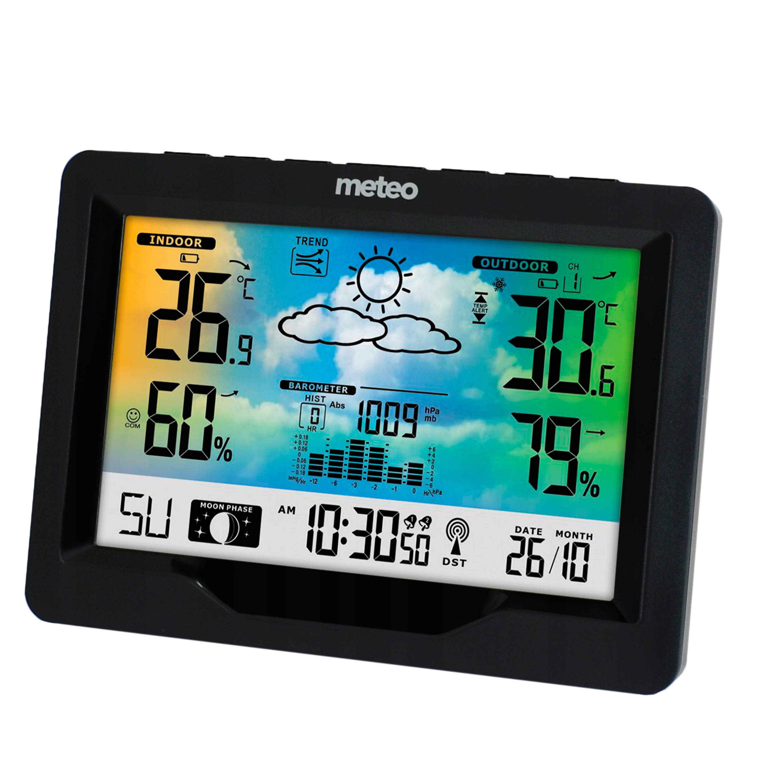 Czarna stacja pogodowa wyświetlająca temperaturę wewnątrz/na zewnątrz, wilgotność, barometr, godzinę, datę i fazę księżyca.