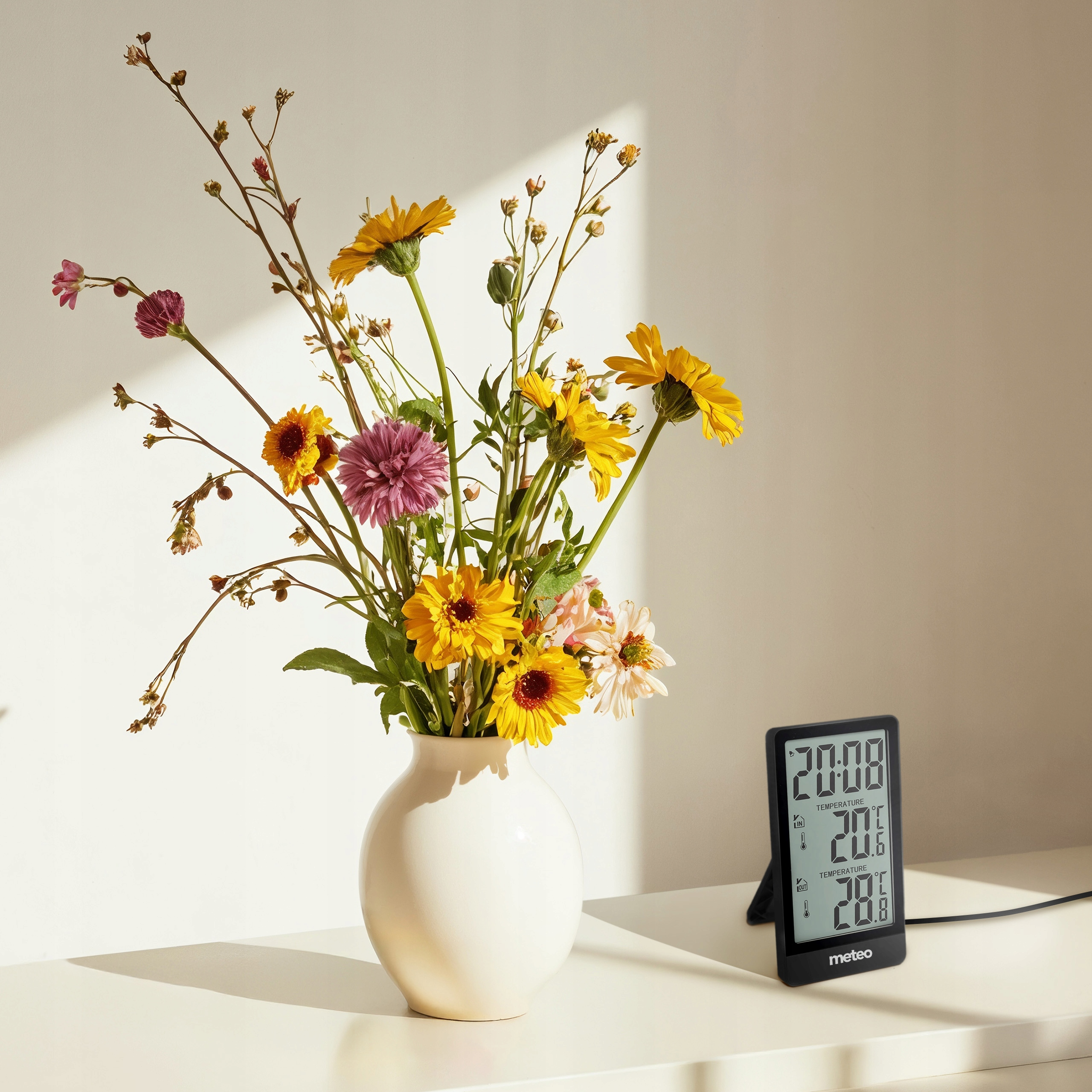 Wazon z kwiatami o żółtych, różowych i białych kwiatach. Czarny zegar cyfrowy wyświetla czas i temperaturę.