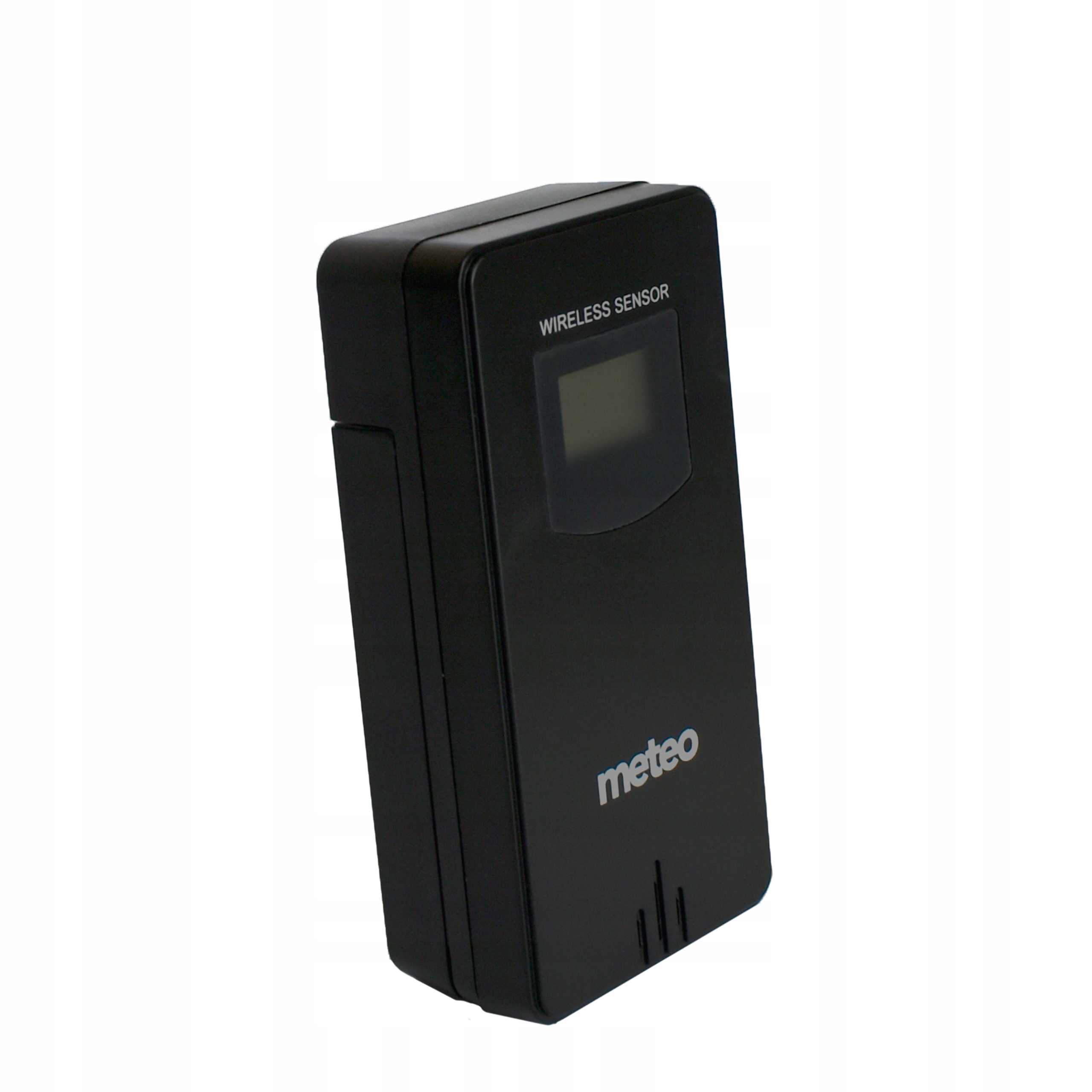 Czarny czujnik bezprzewodowy z małym wyświetlaczem. Na urządzeniu znajduje się napis 'meteo'.