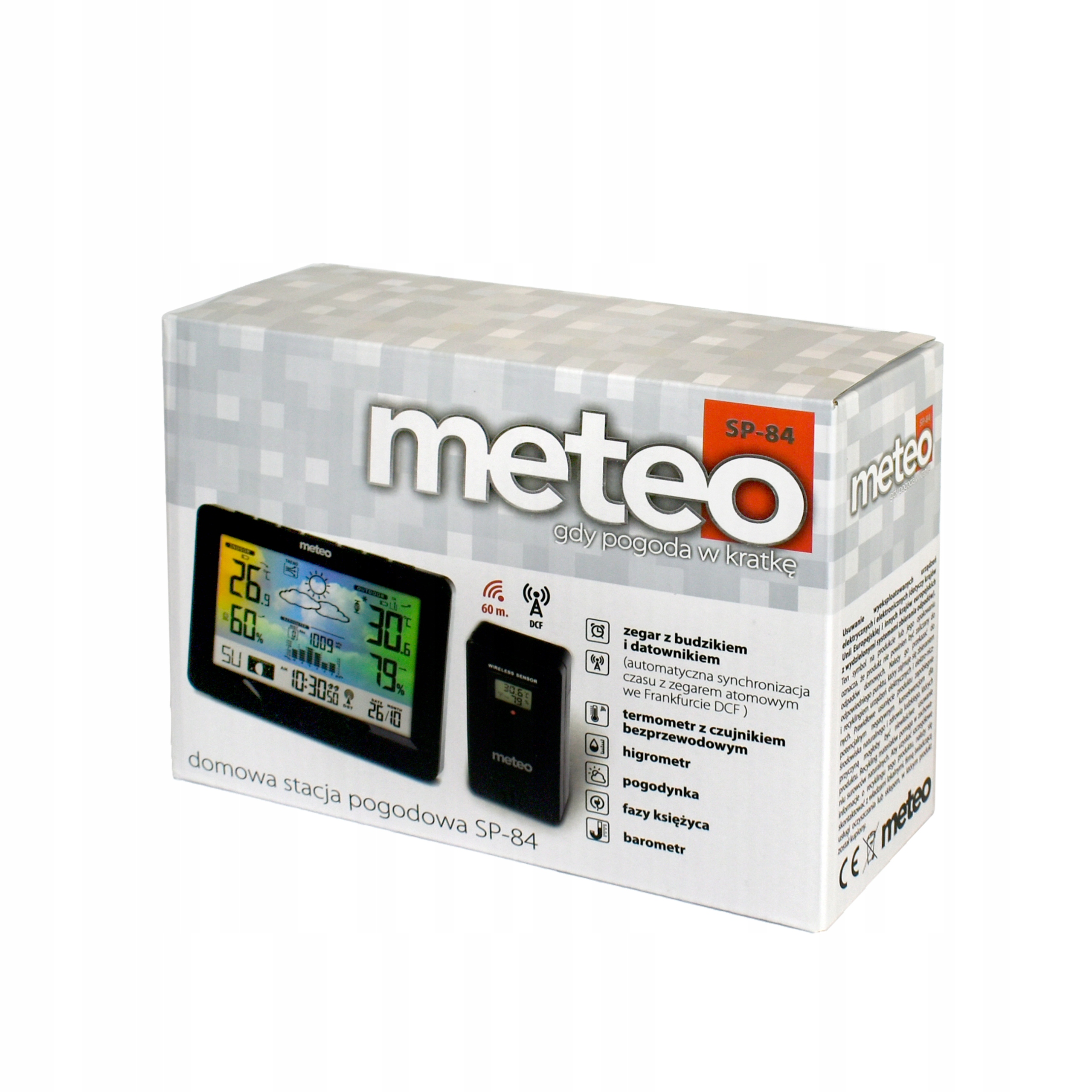 Zapakowana stacja pogodowa meteo pokazująca odczyty temperatury i wilgotności, z oddzielnym czujnikiem.