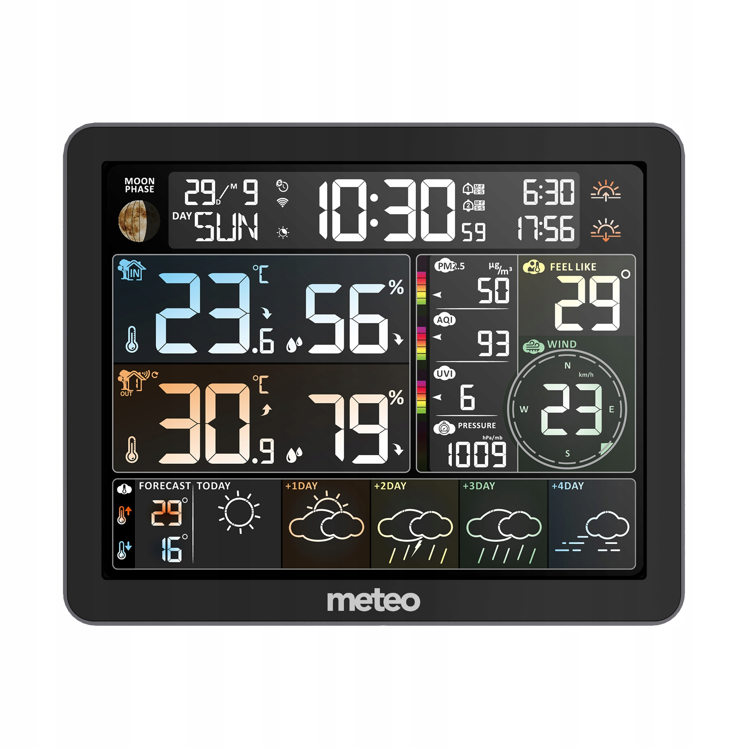 Cyfrowa stacja pogodowa wyświetla czas, temperaturę, wilgotność, prognozę i prędkość wiatru.