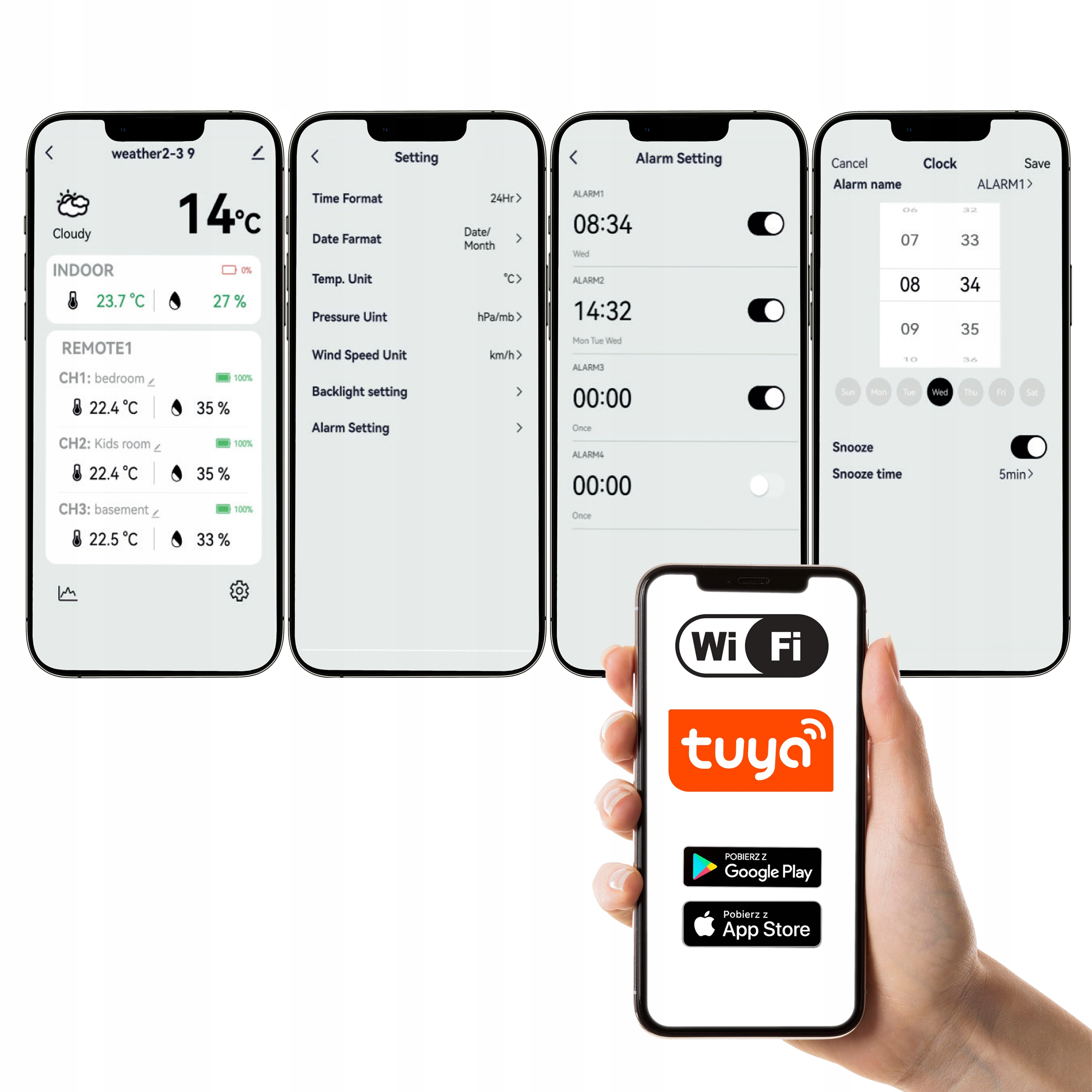 Dłoń trzyma telefon z ustawieniami pogody i alarmu. Telefon wyświetla logo Tuya i przyciski sklepu z aplikacjami.