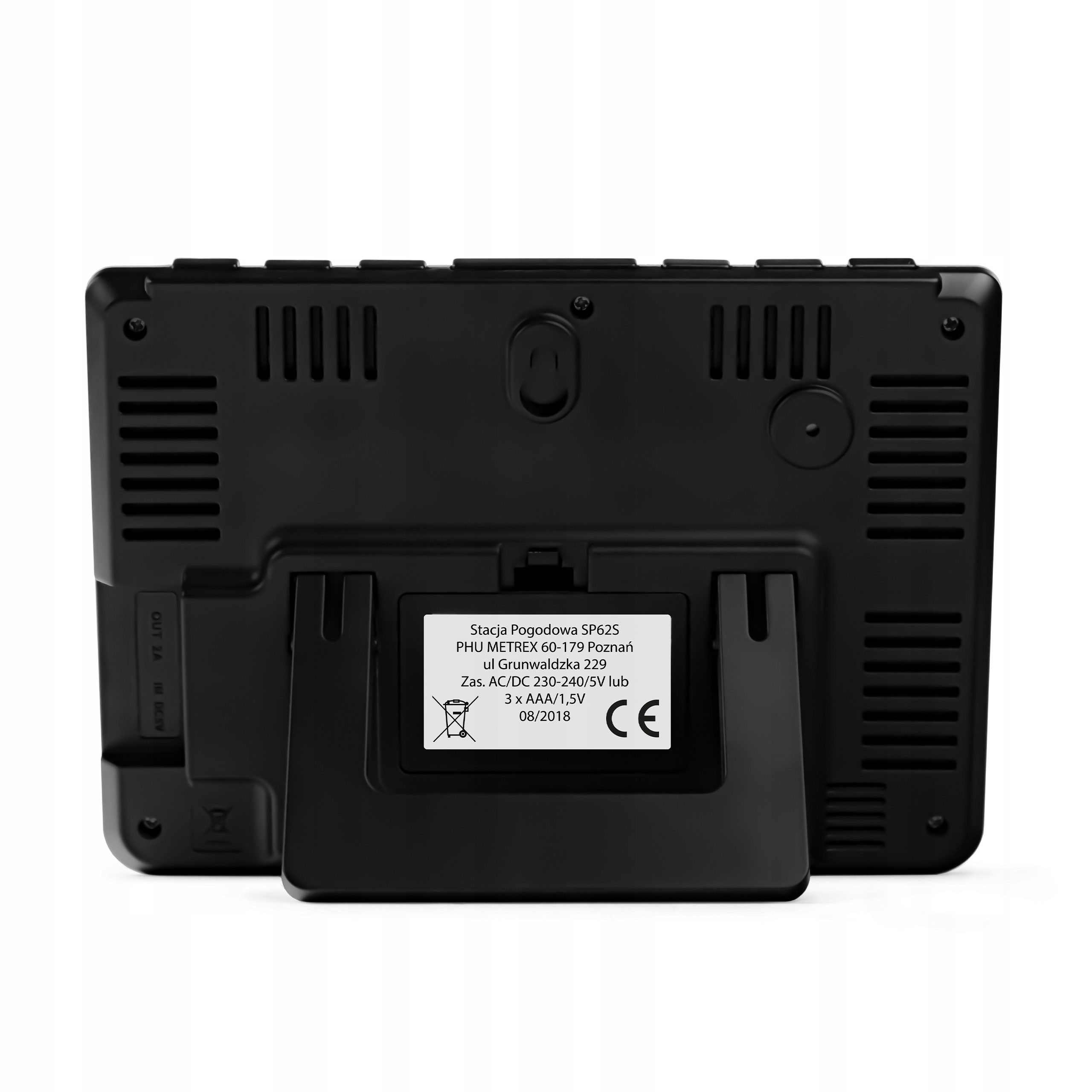 Tył czarnej stacji pogodowej z podstawką. Etykieta tekstowa w języku polskim. Znak CE. Białe tło.