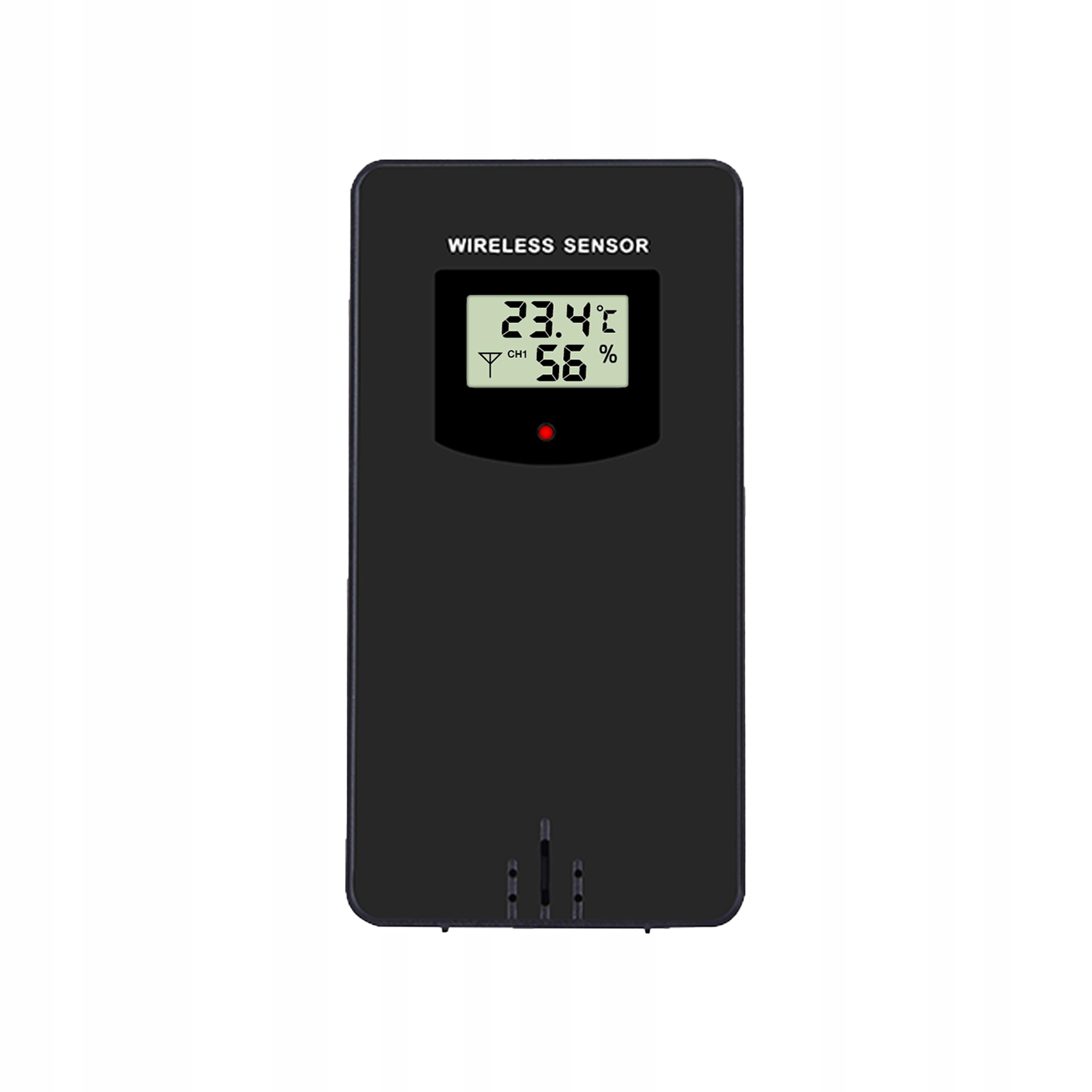 Czarny czujnik bezprzewodowy wyświetlający 23,4°C i 56%. Posiada czerwone światło i trzy małe szczeliny na dole.