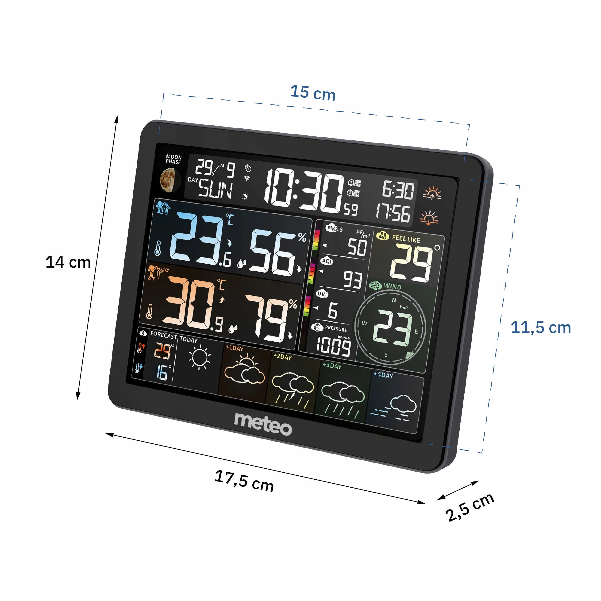 Czarna cyfrowa stacja pogodowa wyświetlająca czas, datę, temperaturę, wilgotność i ikony prognozy pogody. Widoczne wymiary.