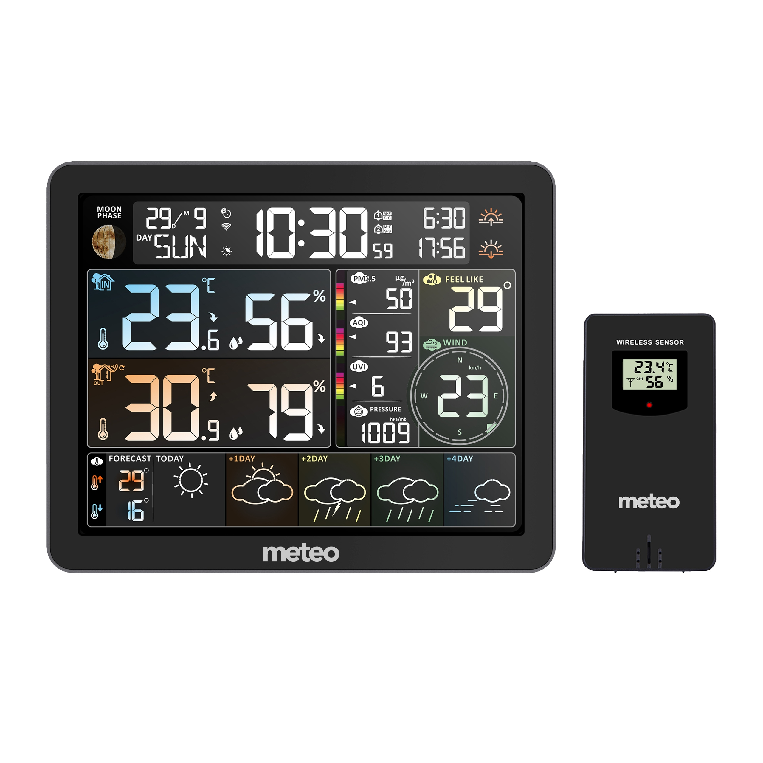 Stacja pogodowa wyświetla godzinę, temperaturę i prognozę. Czujnik bezprzewodowy jest pokazany po prawej stronie.