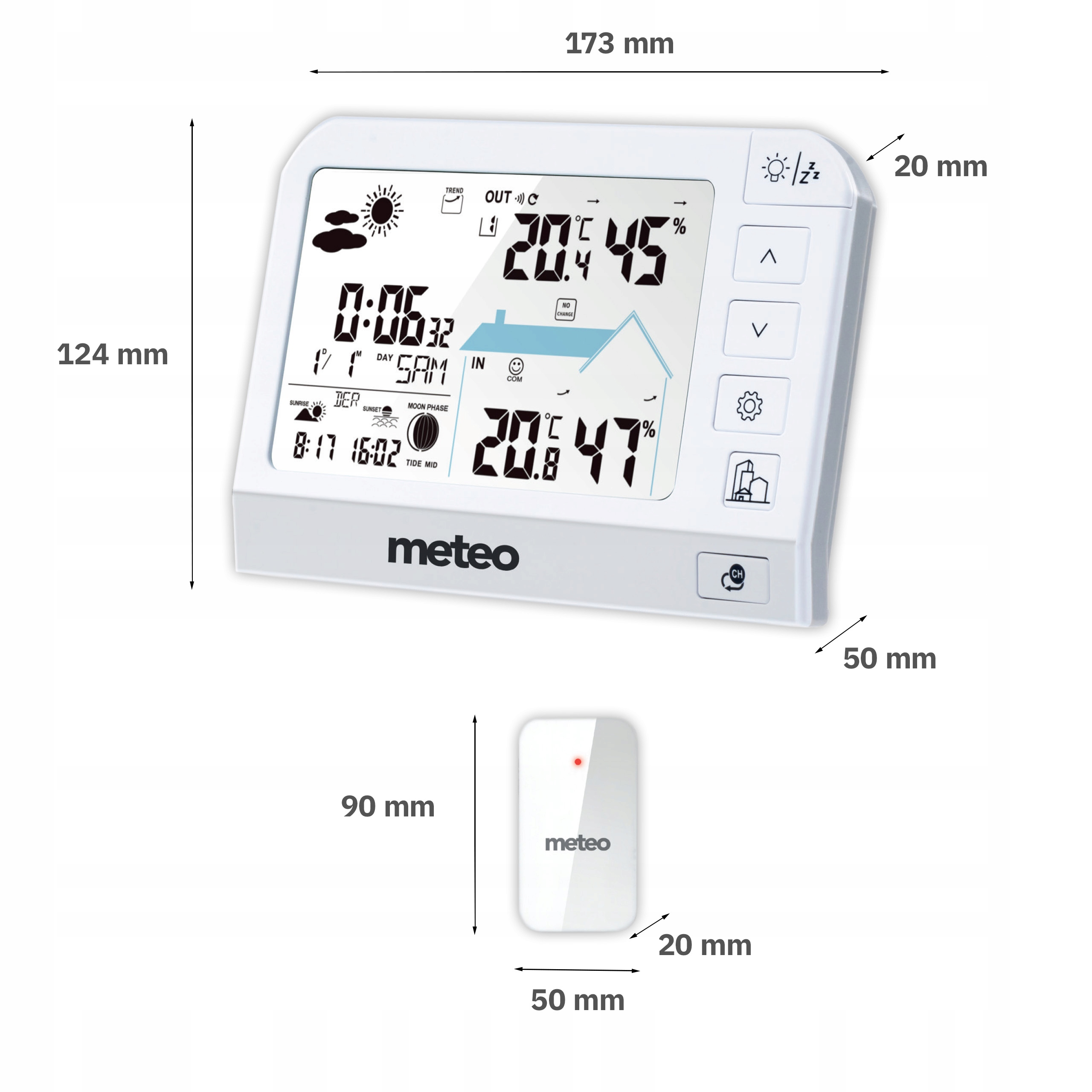 Biała cyfrowa stacja pogodowa wyświetla czas, temperaturę i symbole pogody, z małym białym czujnikiem poniżej.