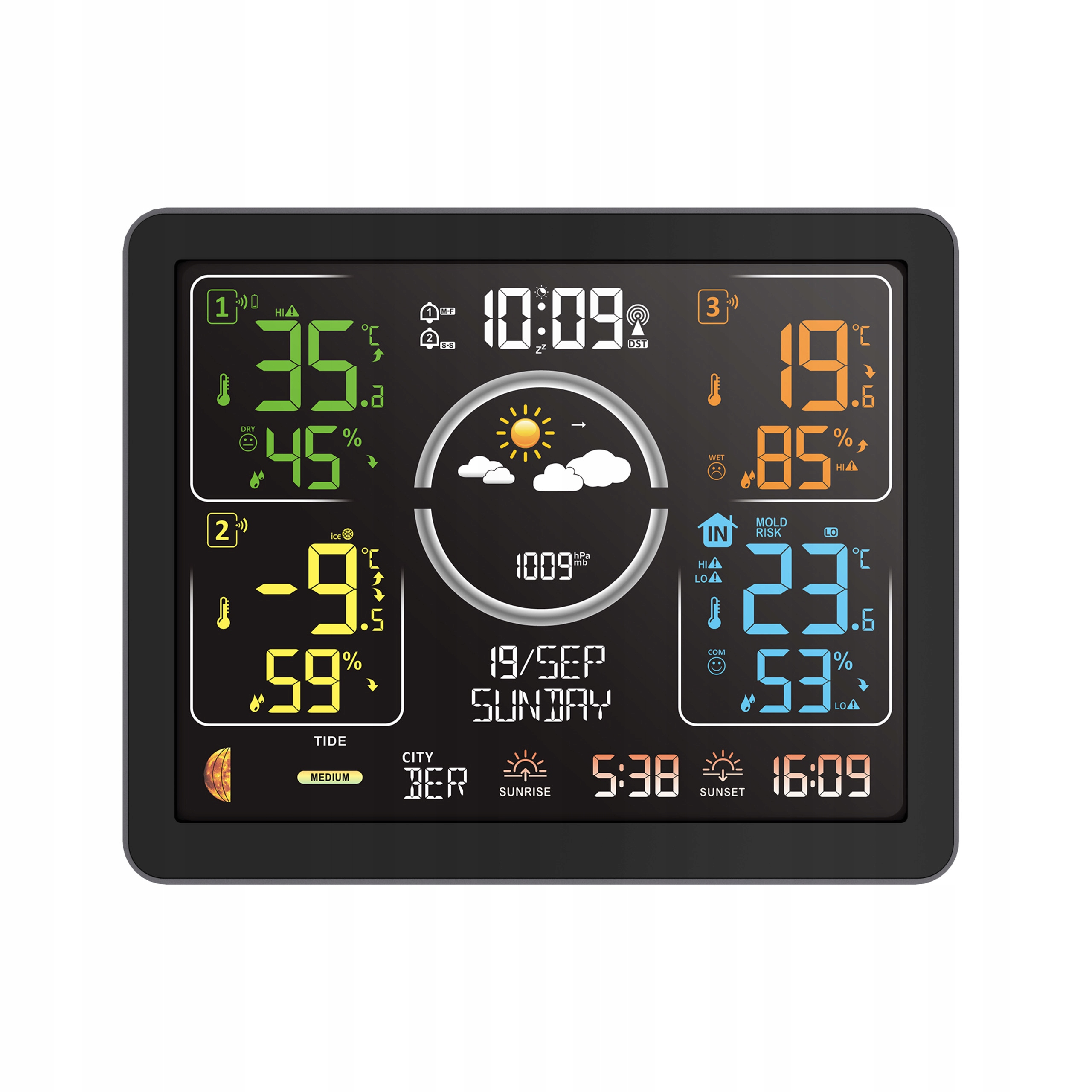 Cyfrowa stacja pogodowa wyświetla temperaturę, wilgotność, godzinę, datę i ikony prognozy pogody. Ekran jest czarny z zielonymi i pomarańczowymi cyframi.