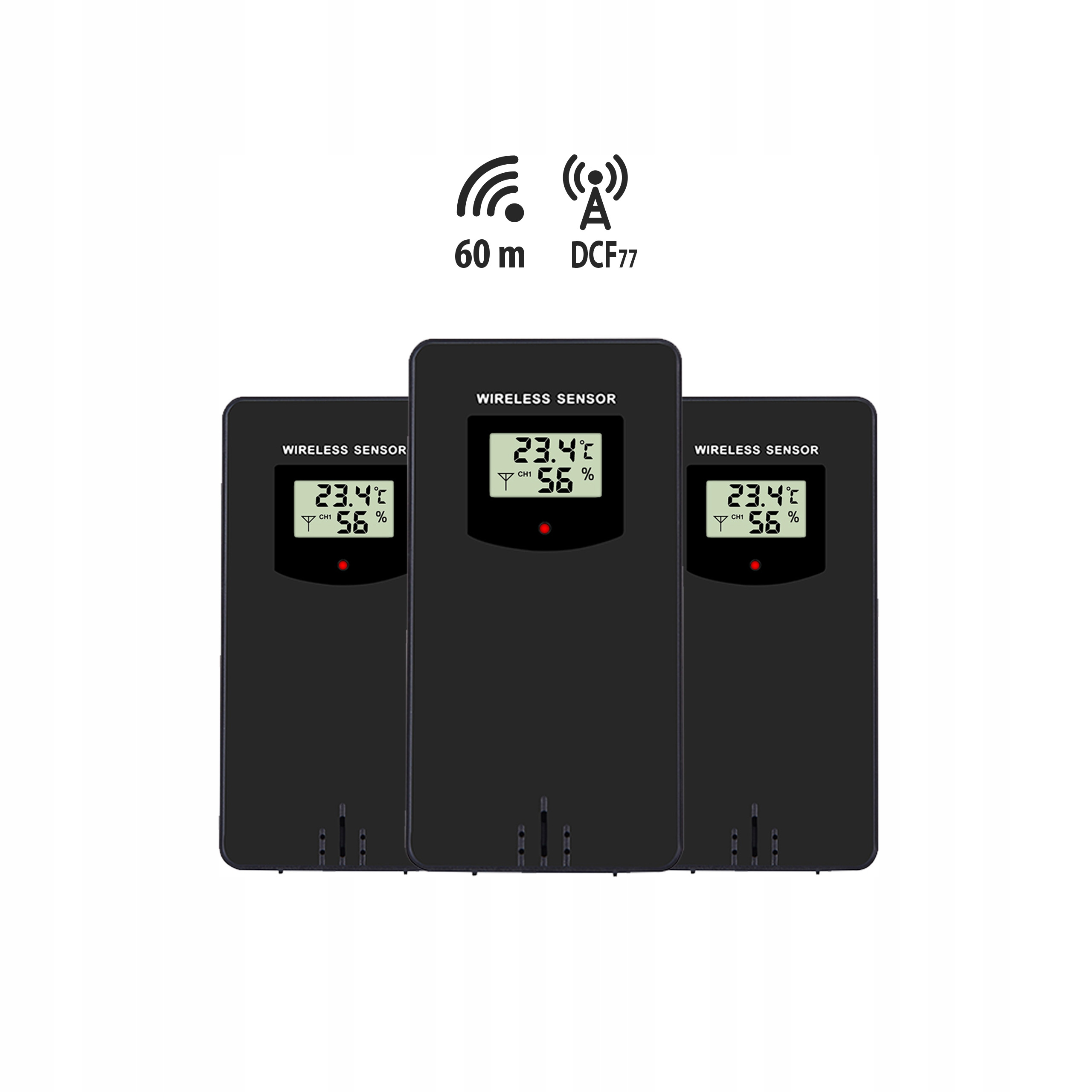 Trzy czarne bezprzewodowe czujniki. Każdy wyświetla odczyty temperatury i wilgotności. Ikony sygnałów bezprzewodowych są powyżej.