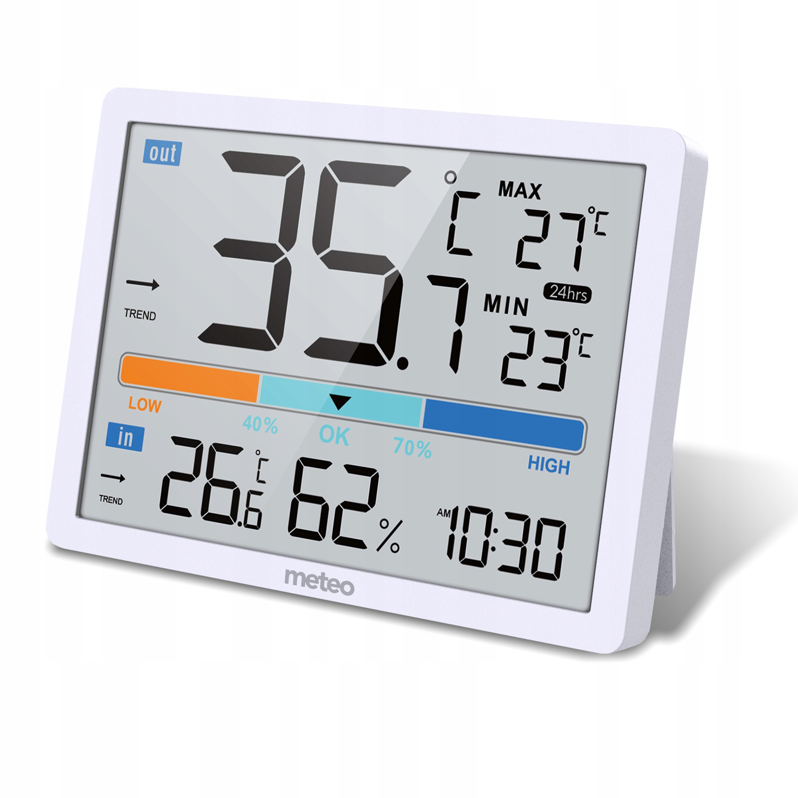 Biały termometr cyfrowy wyświetla odczyty temperatury i wilgotności. Godzina to 10:30.