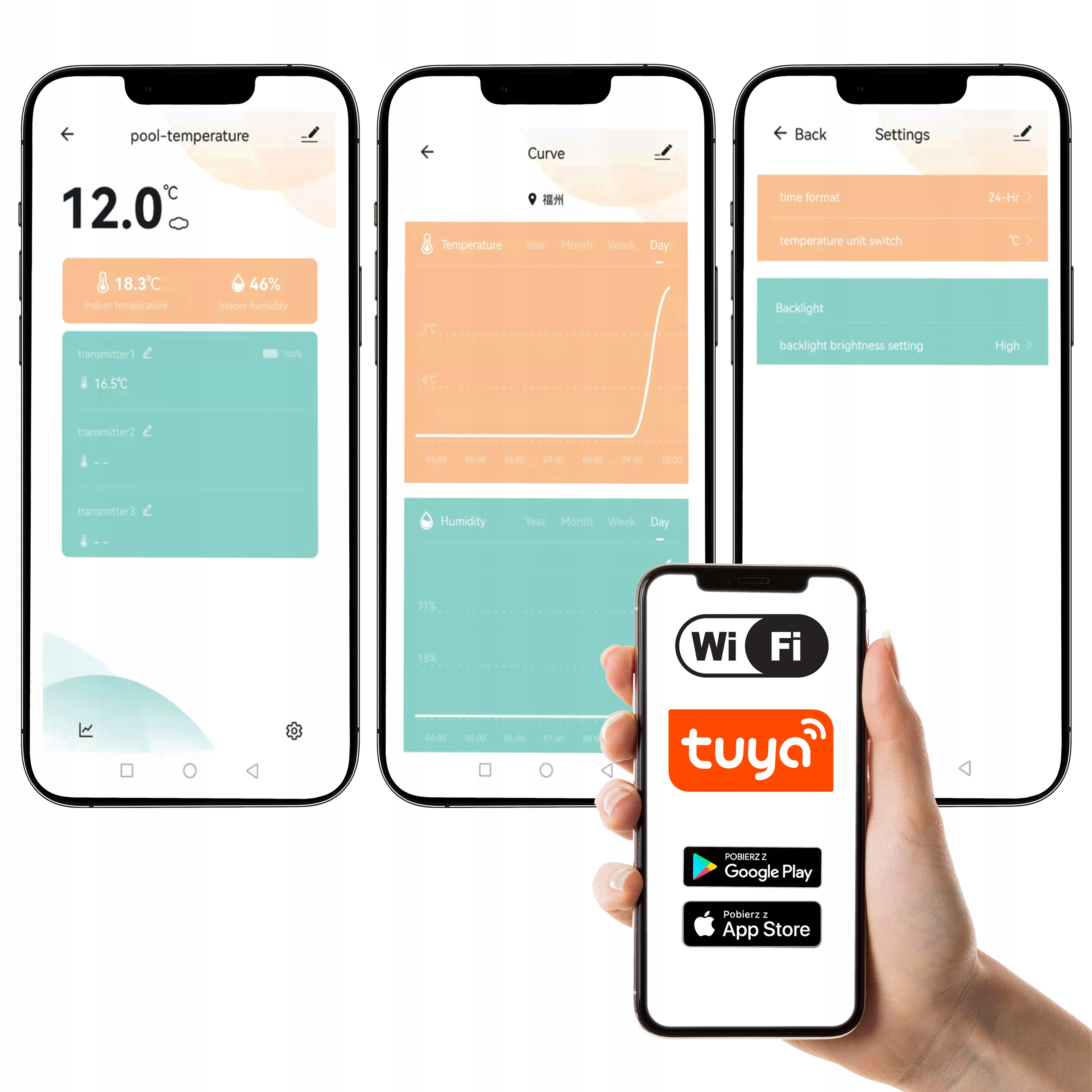Trzy smartfony wyświetlają dane temperatury, wykres krzywej i ustawienia Wi-Fi, trzymane przez dłoń.