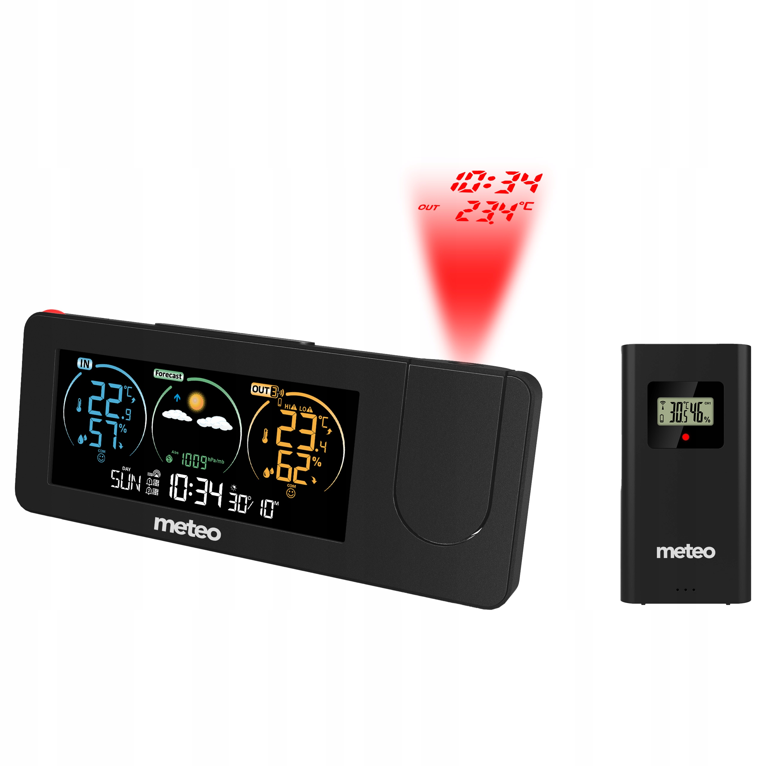 Czarna stacja pogodowa z wyświetlaczami. Pokazuje czas, temperaturę, wilgotność i ikony prognozy. Ma czerwoną projekcję.