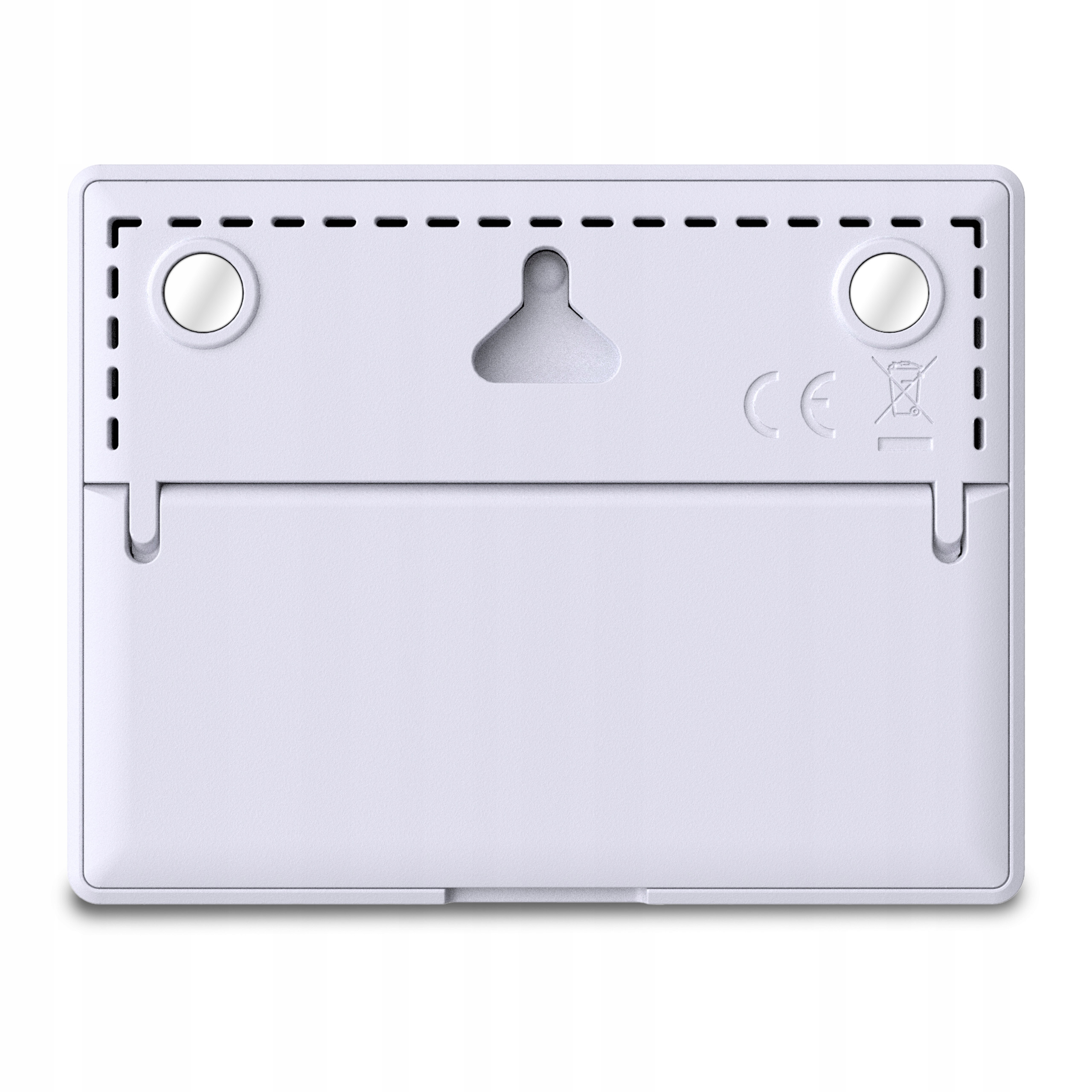 Tył białego plastikowego urządzenia. Posiada dwa metalowe okręgi, haczyk i oznaczenie CE. Powierzchnia jest gładka.