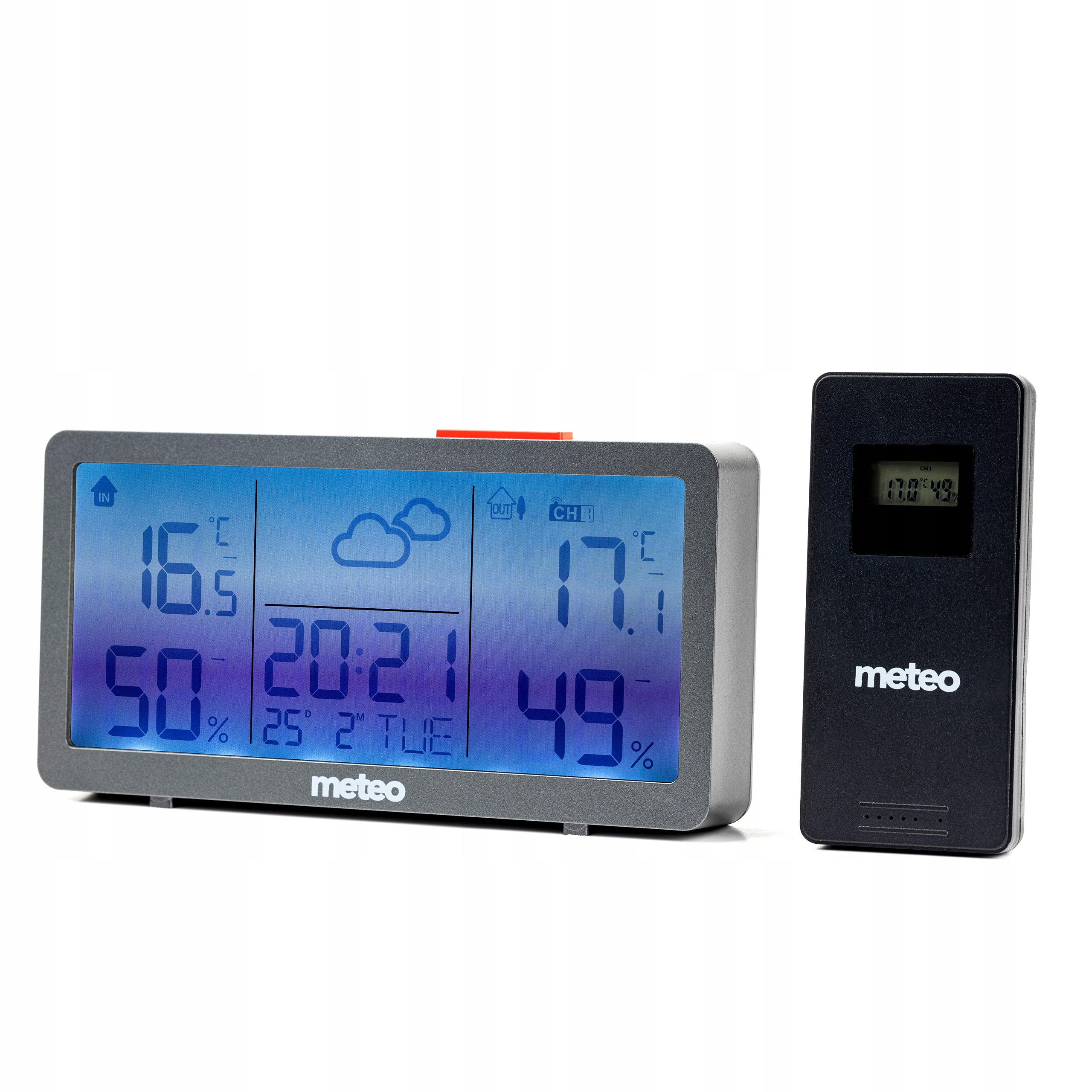 Cyfrowa stacja pogodowa wyświetla temperaturę, wilgotność i czas. Po prawej stronie znajduje się oddzielny czarny czujnik.