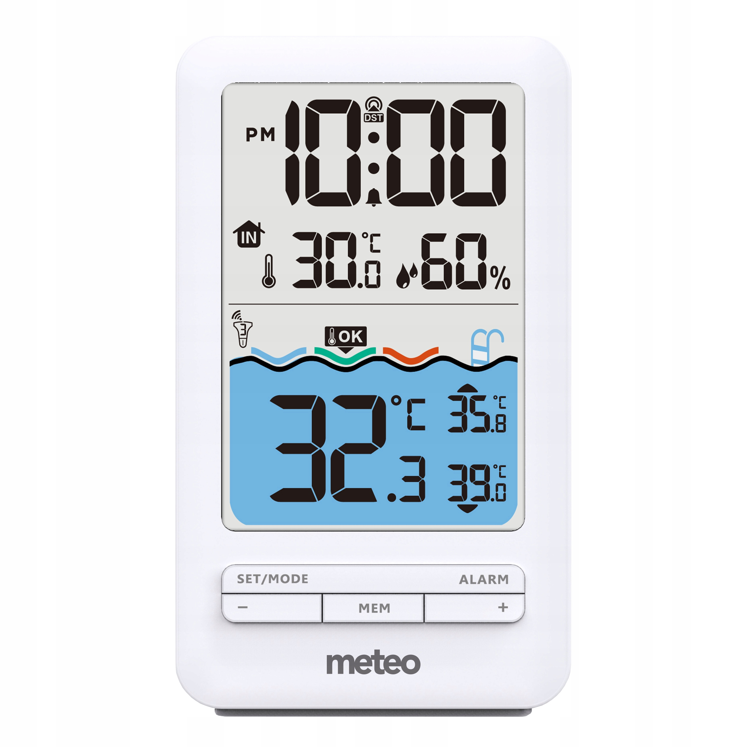 Biała cyfrowa stacja pogodowa wyświetla czas, temperaturę wewnątrz/na zewnątrz i wilgotność. Posiada przyciski i nazwę marki.