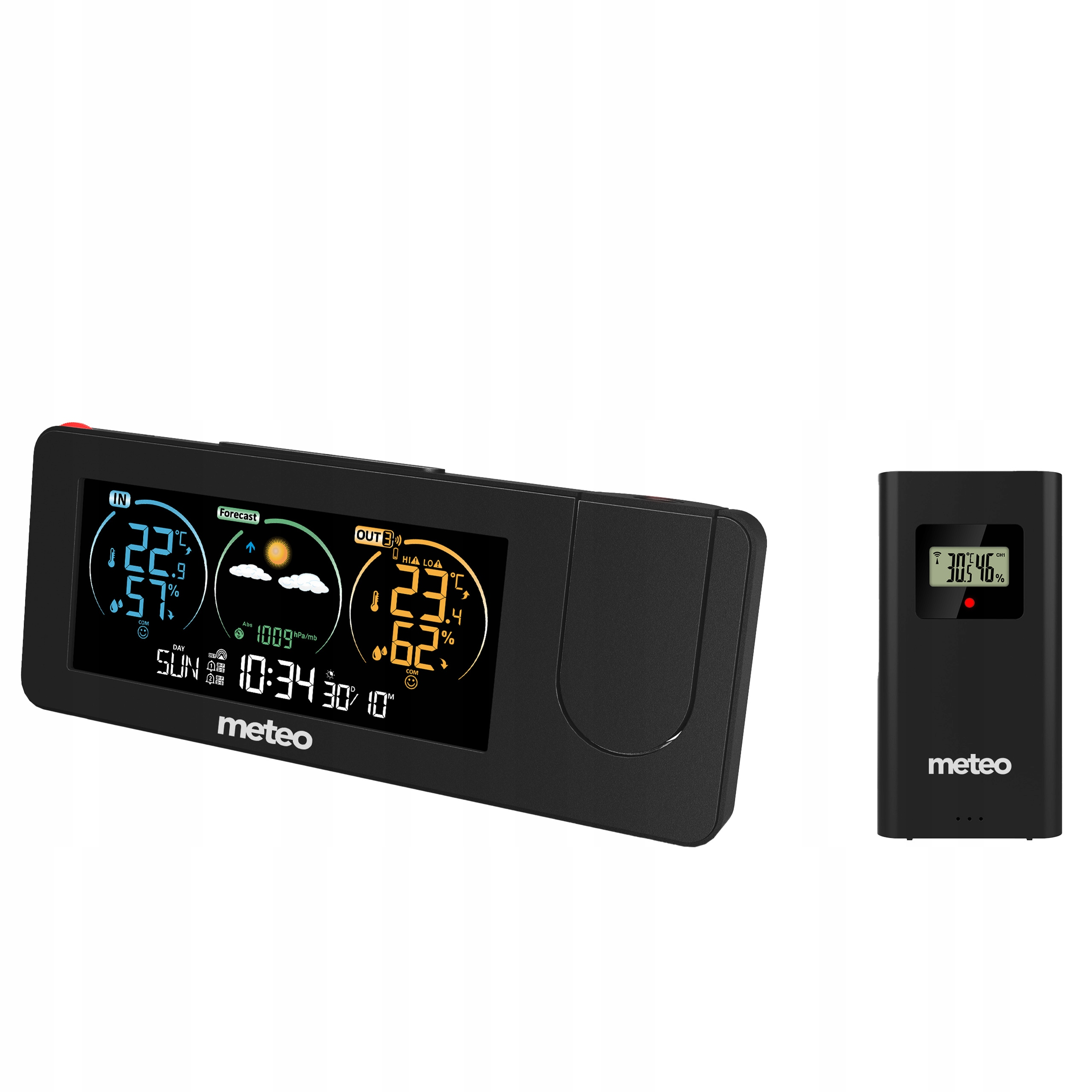 Czarna stacja pogodowa pokazująca temperaturę, wilgotność i prognozę. Po prawej stronie osobny czarny czujnik.