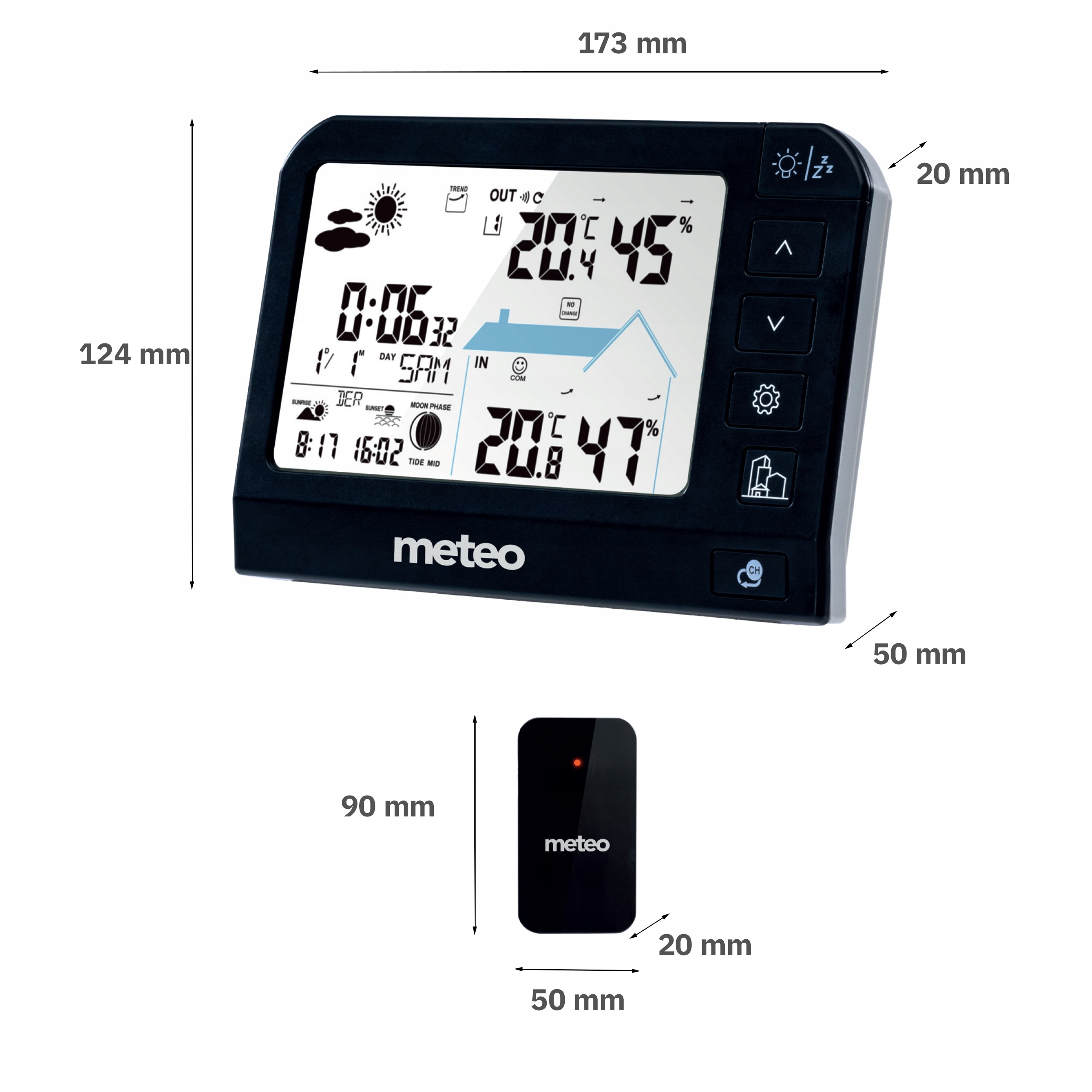 Czarna stacja pogodowa z pomiarami, zegarem i oddzielnym czarnym czujnikiem. Wyświetlane wymiary.
