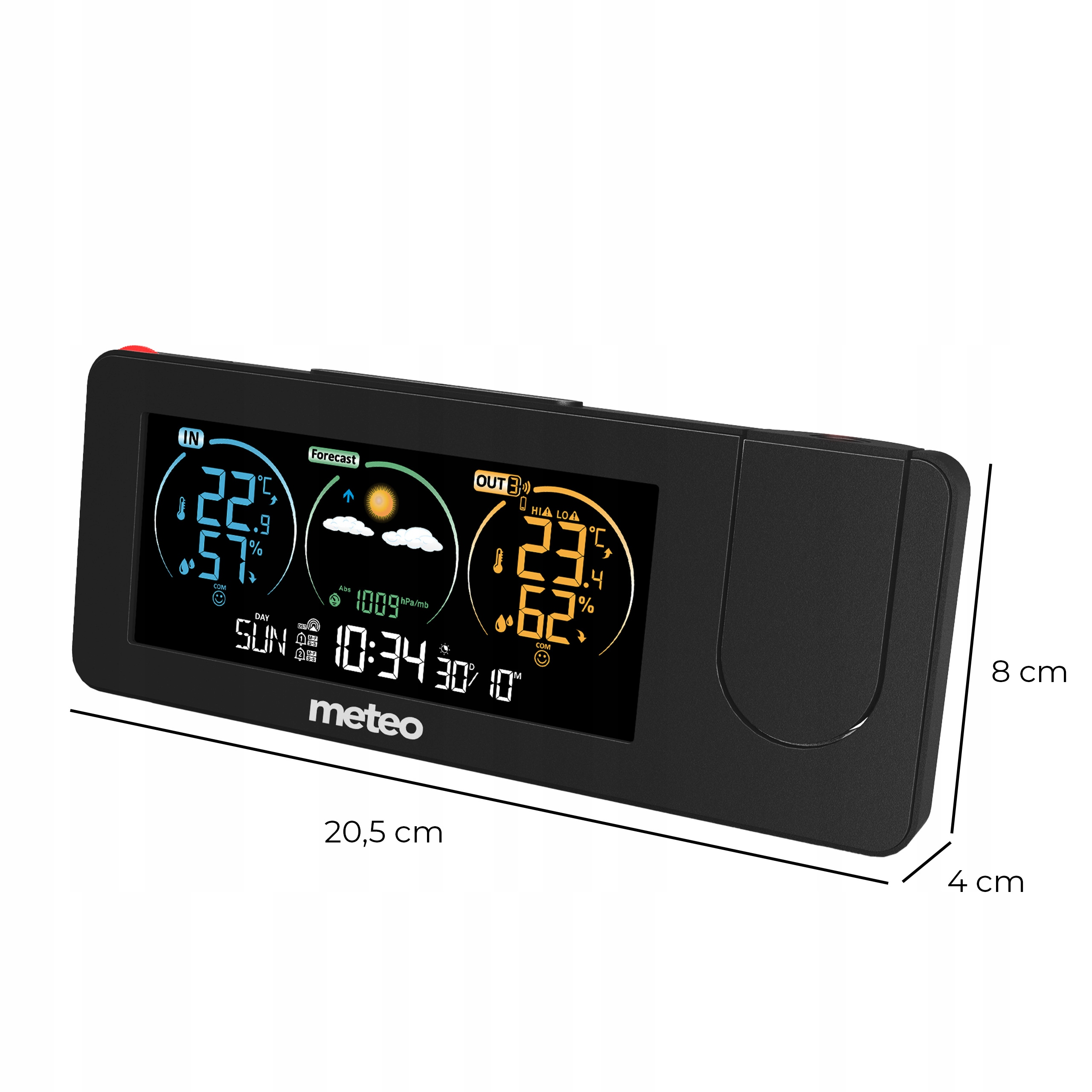 Czarna cyfrowa stacja pogodowa z temperaturą, wilgotnością i prognozą. Wymiary są na zdjęciu.