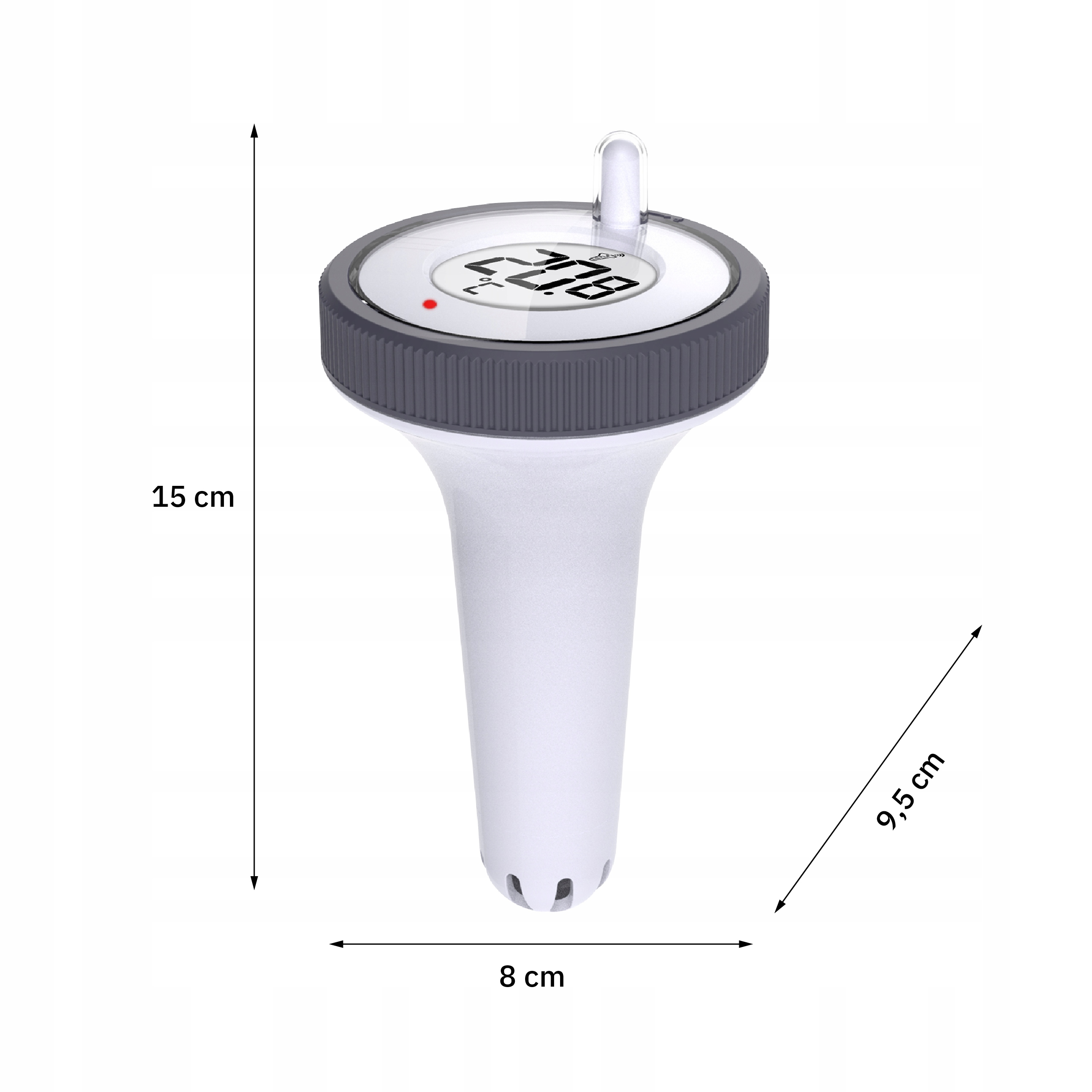 Biało-szary termometr basenowy. Pokazuje 20,8 stopni. Wymiary to: 15 cm, 9,5 cm i 8 cm.