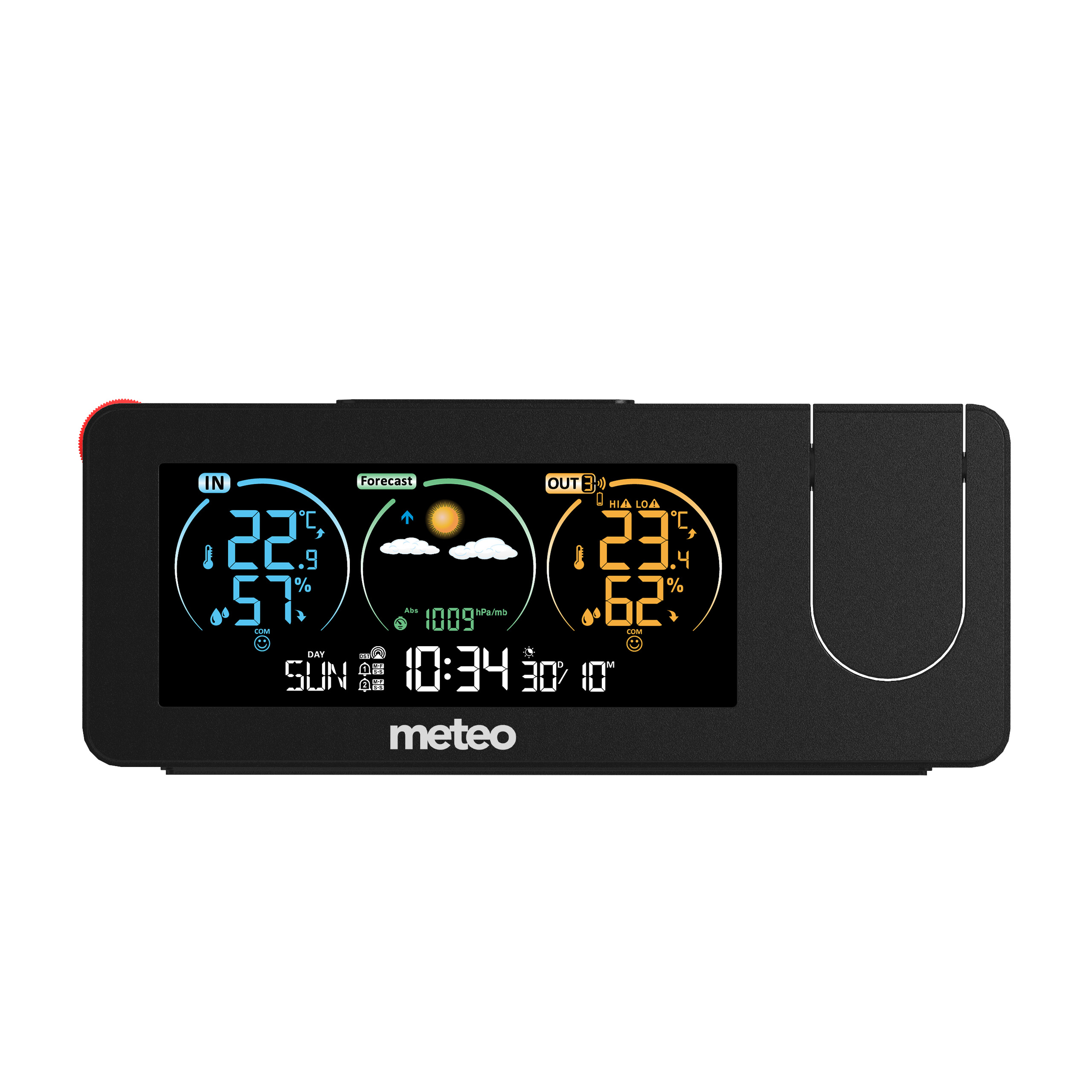 Czarna stacja pogodowa wyświetla godzinę, temperaturę, wilgotność i prognozę pogody. Ma czerwony przycisk z boku.