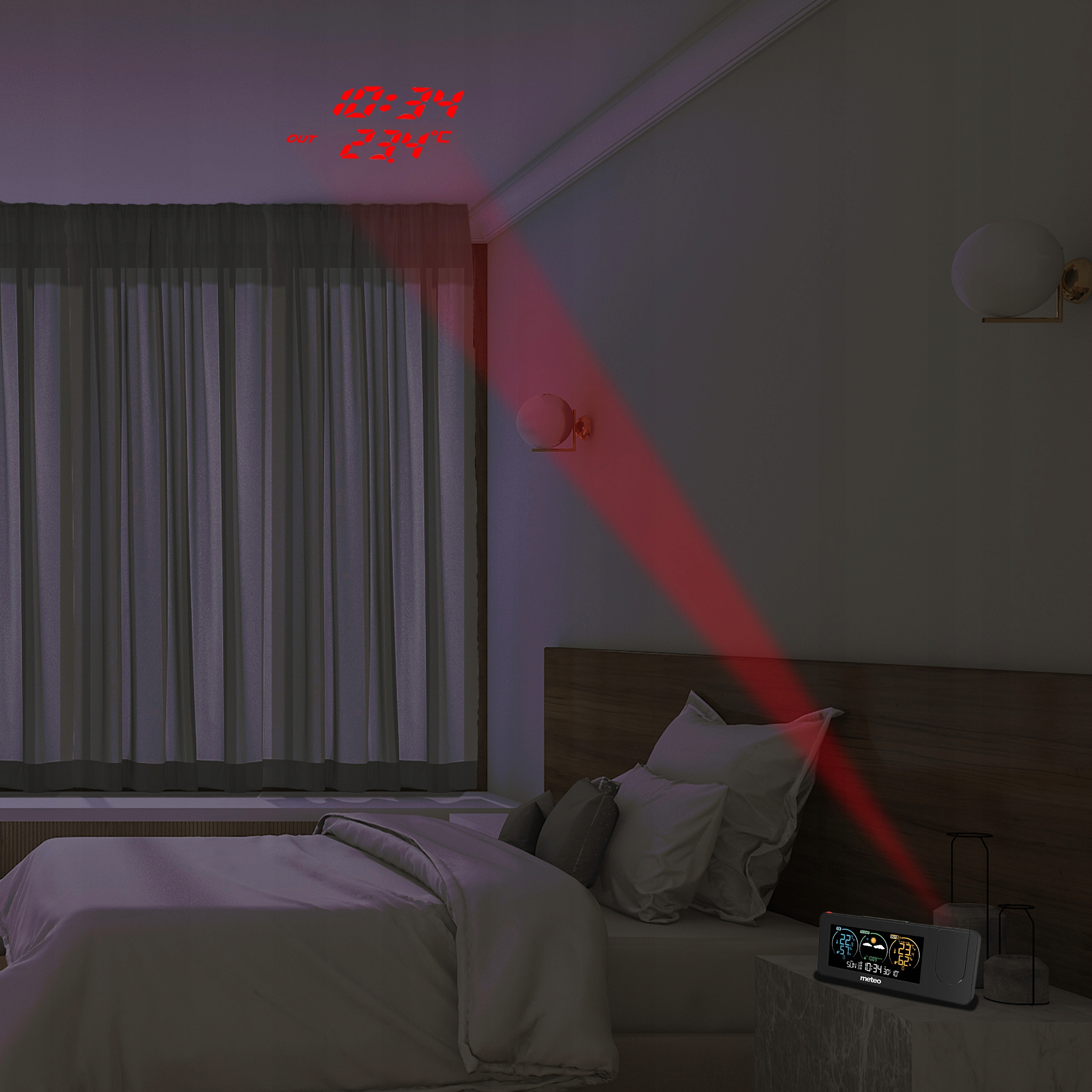 Sypialnia pokazuje zegar wyświetlający godzinę na suficie. Łóżko jest na pierwszym planie. Pokój jest ciemny.