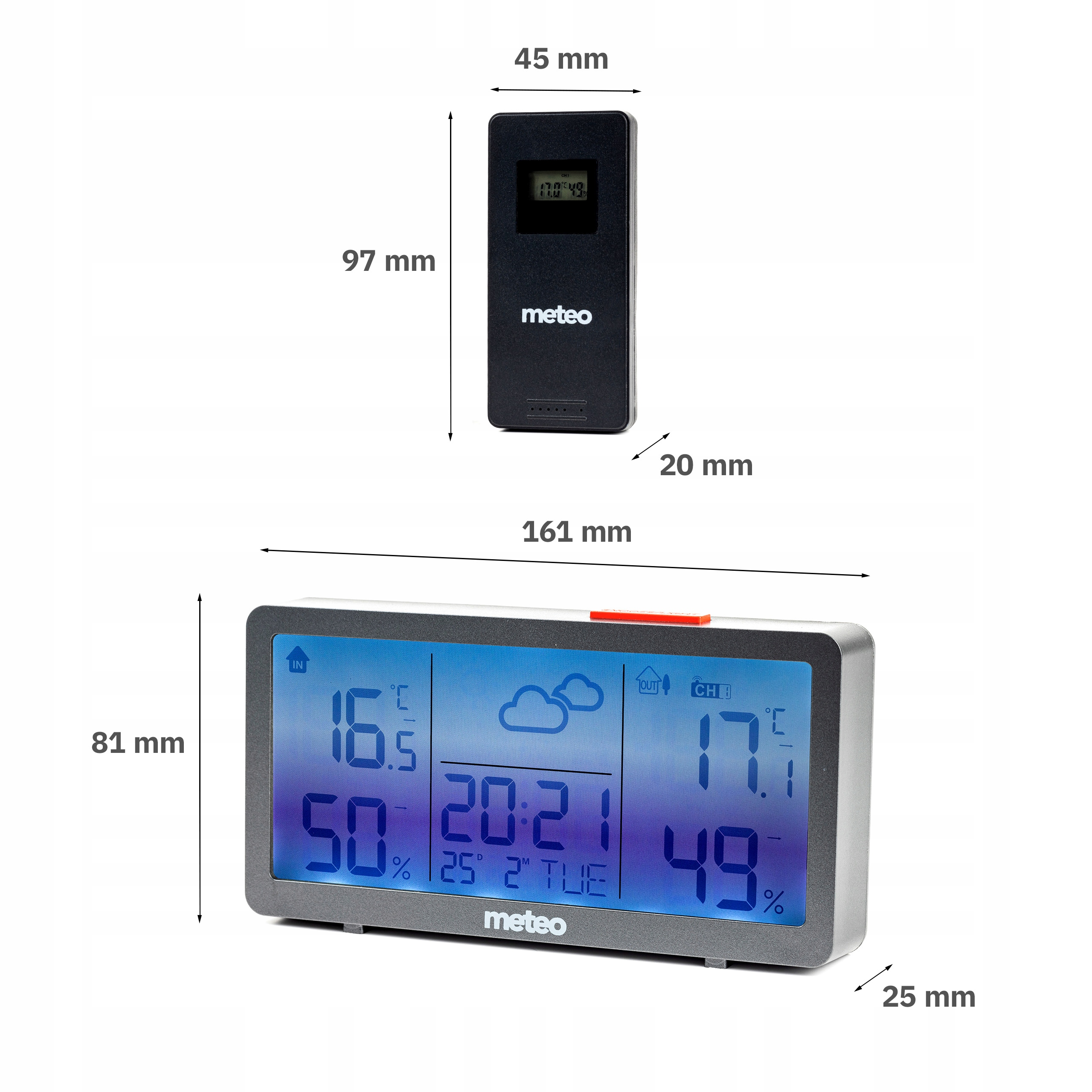 Stacja pogodowa pokazuje temperaturę, wilgotność i czas. Mały, zdalny wyświetlacz znajduje się powyżej.
