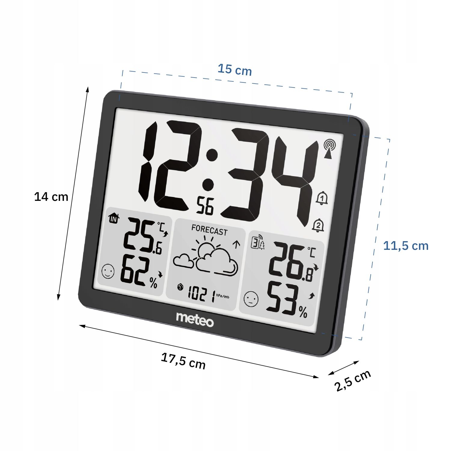 Czarna cyfrowa stacja pogodowa pokazuje czas, temperaturę, wilgotność i prognozę pogody. Wymiary są oznaczone na zdjęciu.