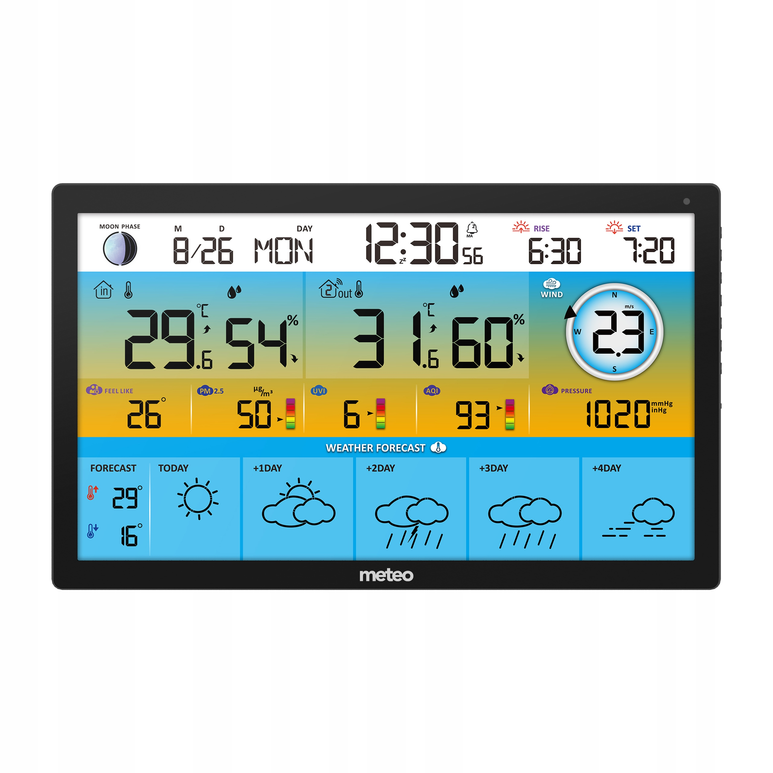 Stacja pogodowa wyświetlająca czas, datę, temperaturę, wilgotność, wiatr i prognozę pogody.