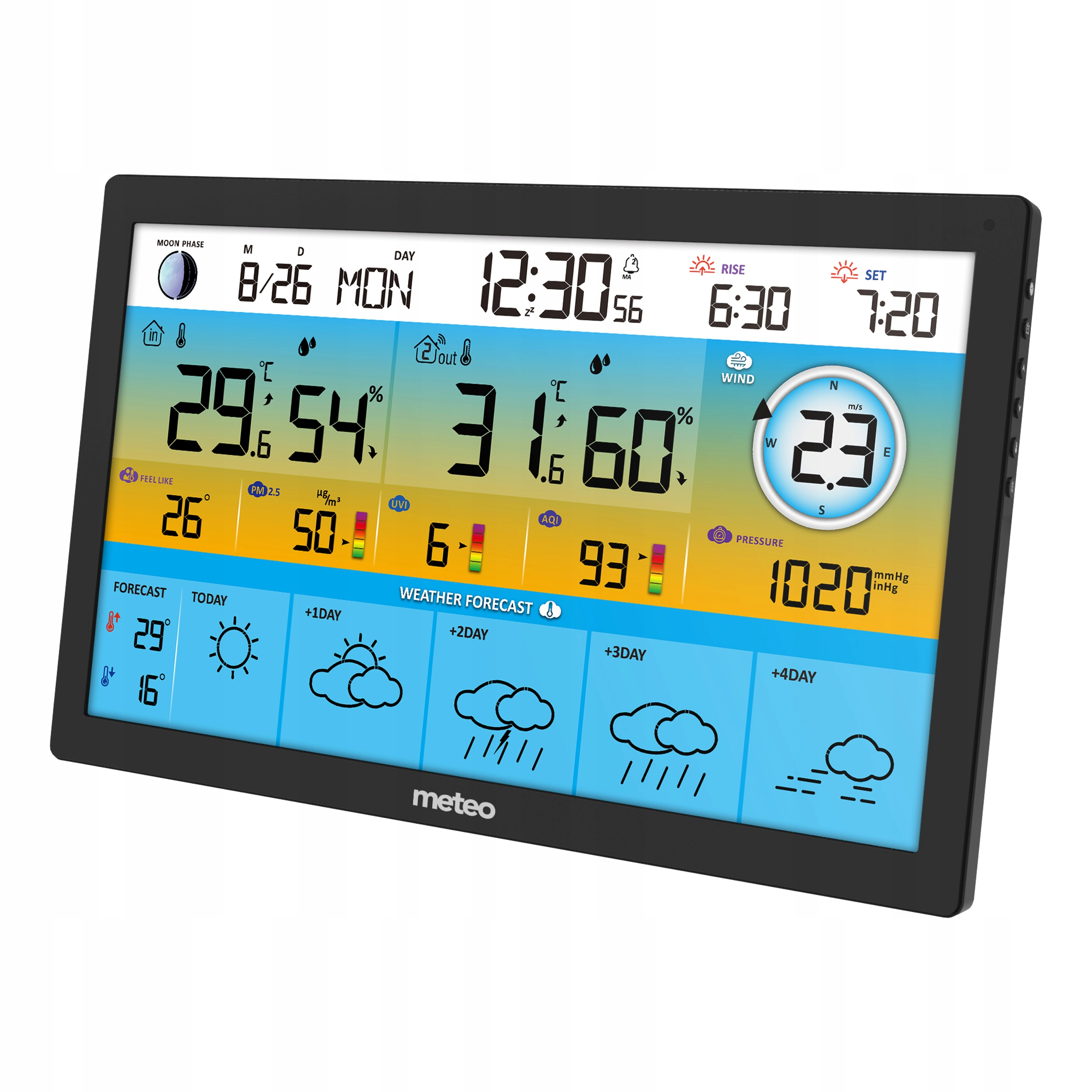 Cyfrowa stacja pogodowa wyświetla datę, godzinę, temperaturę, wilgotność, wiatr i ikony prognozy.