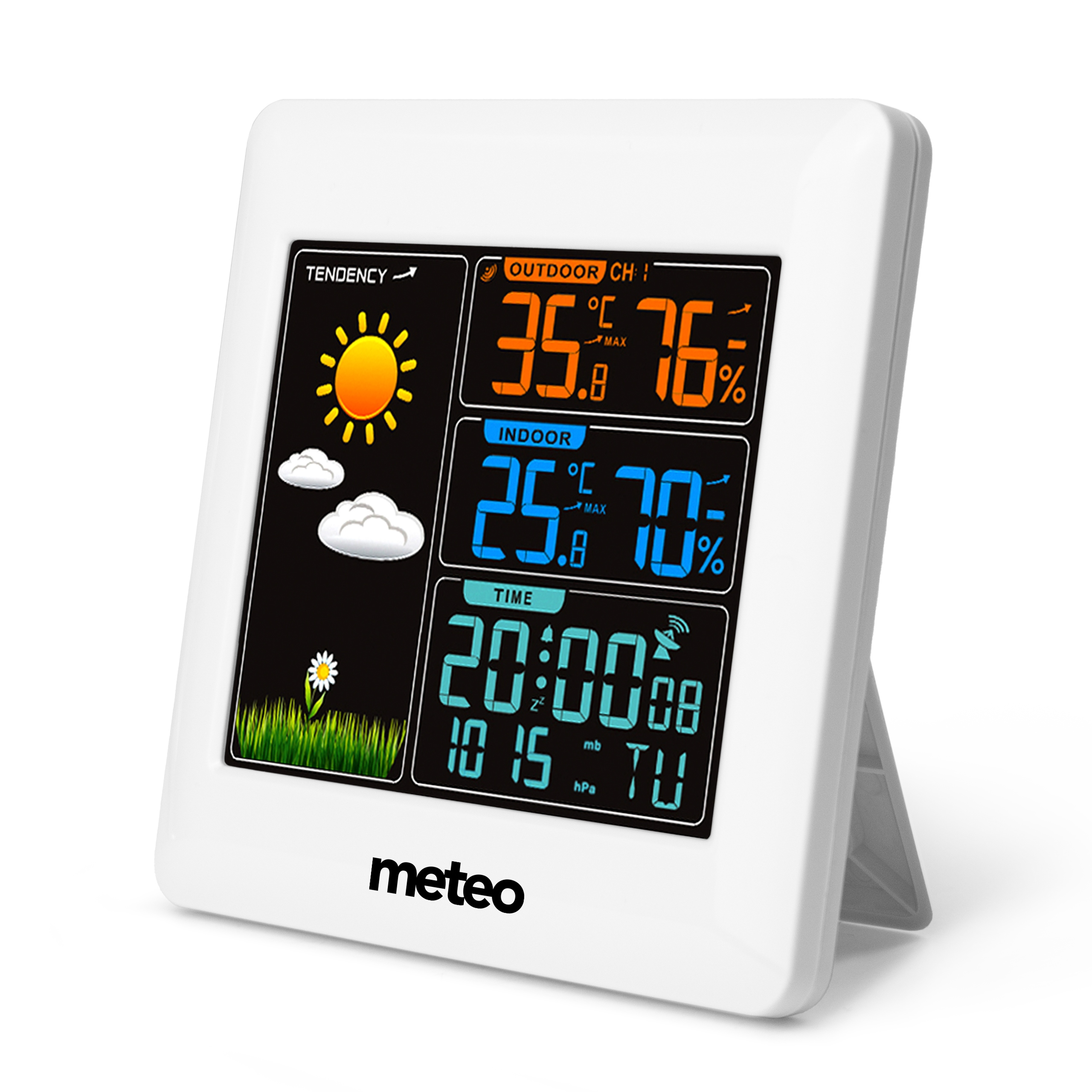 Biała stacja pogodowa wyświetla temperaturę zewnętrzną i wewnętrzną, wilgotność, czas i tendencję pogodową ze stokrotką.