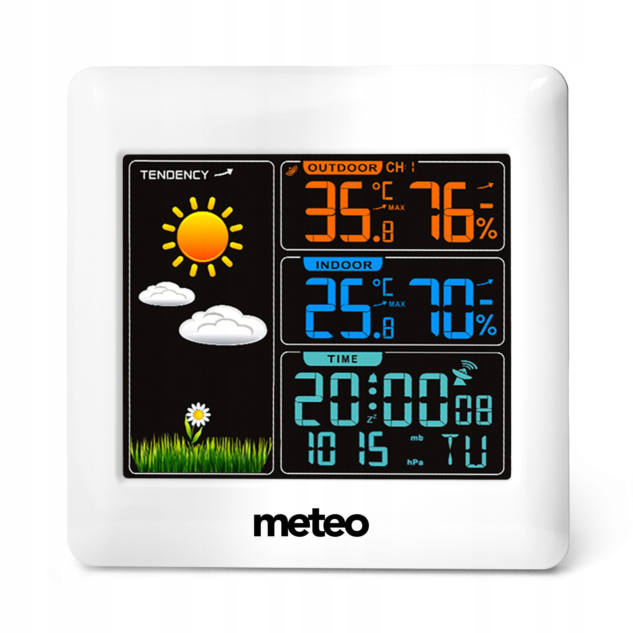 Biała stacja pogodowa wyświetla temperatury zewnętrzne/wewnętrzne, czas i tendencję pogodową. Zawiera słońce, chmury i stokrotkę.