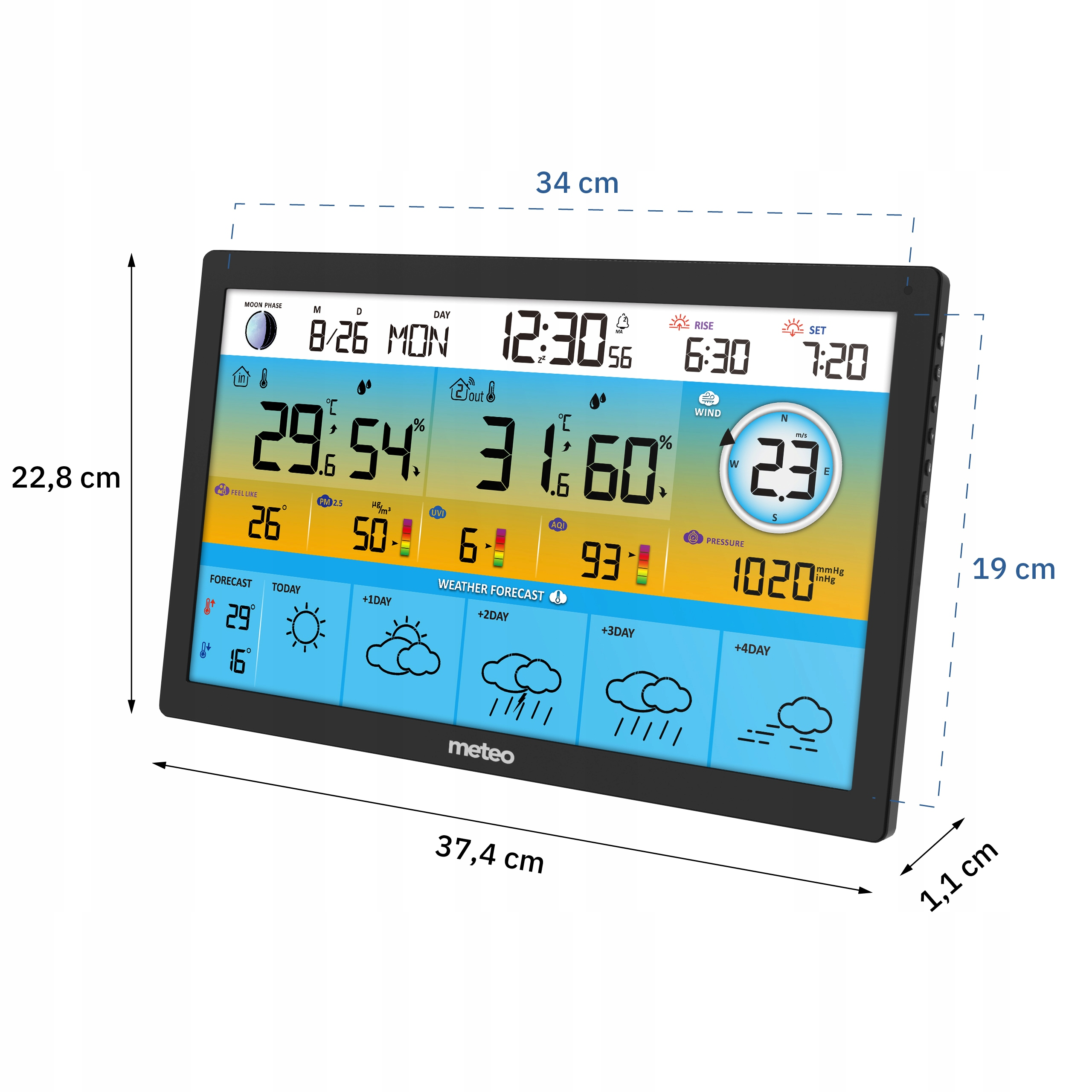 Ekran stacji pogodowej wyświetla godzinę, datę, temperaturę, wilgotność, wiatr i ikony prognozy.