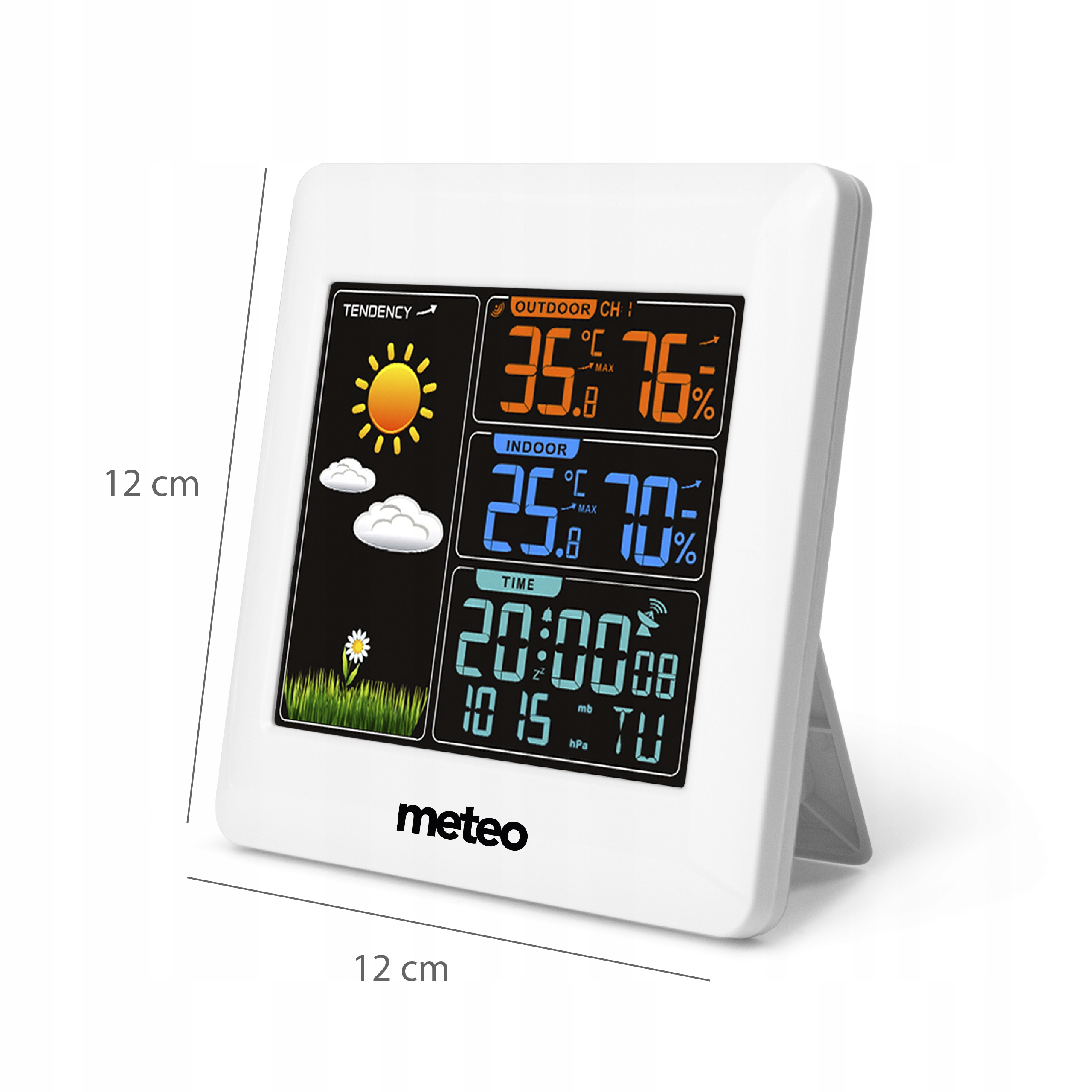 Biała stacja pogodowa wyświetla temperaturę zewnętrzną i wewnętrzną, wilgotność, czas i datę. Ma podstawkę.