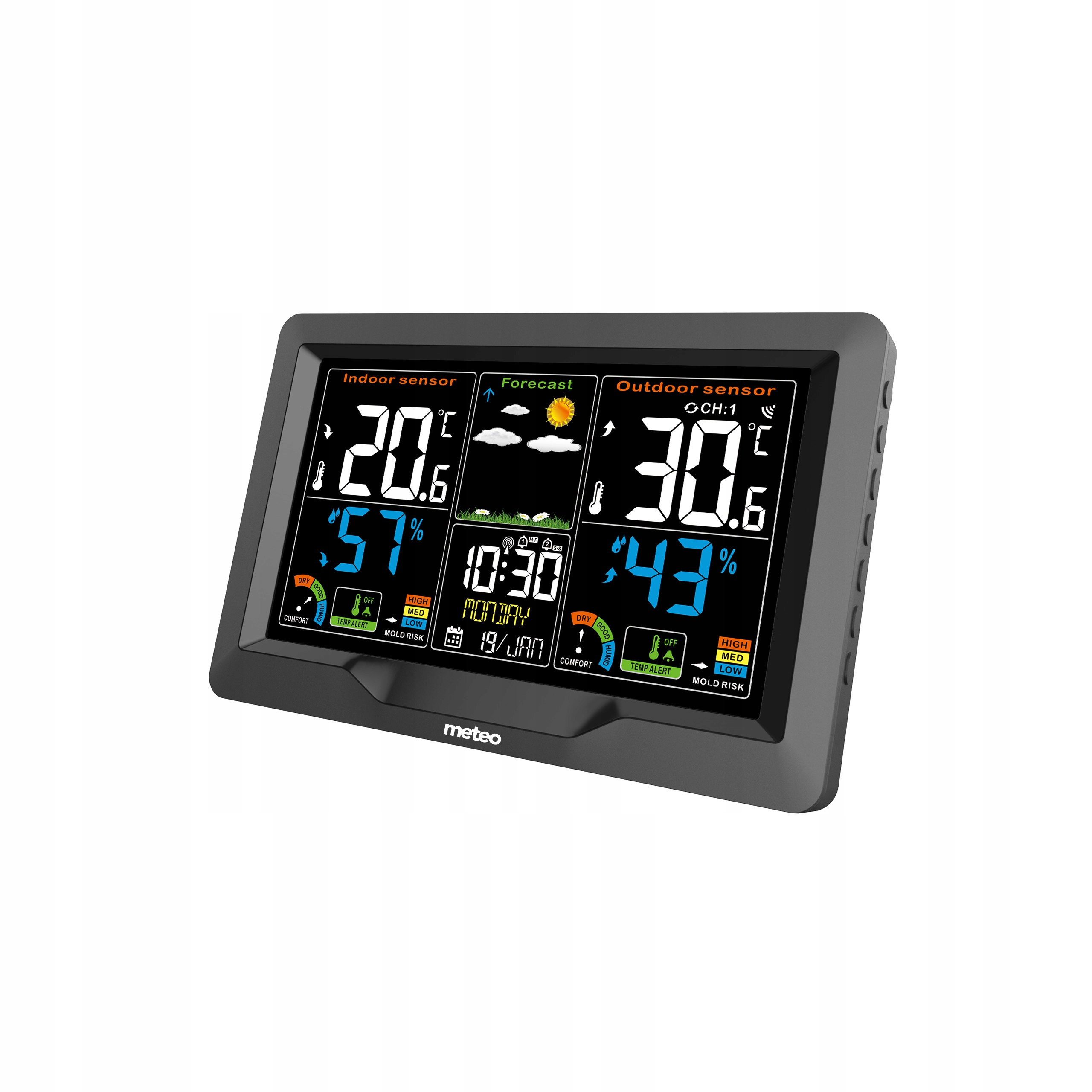 Cyfrowa stacja pogodowa wyświetla temperaturę wewnątrz/na zewnątrz, wilgotność i informacje o prognozie. Ekran jest czarny z białym tekstem.