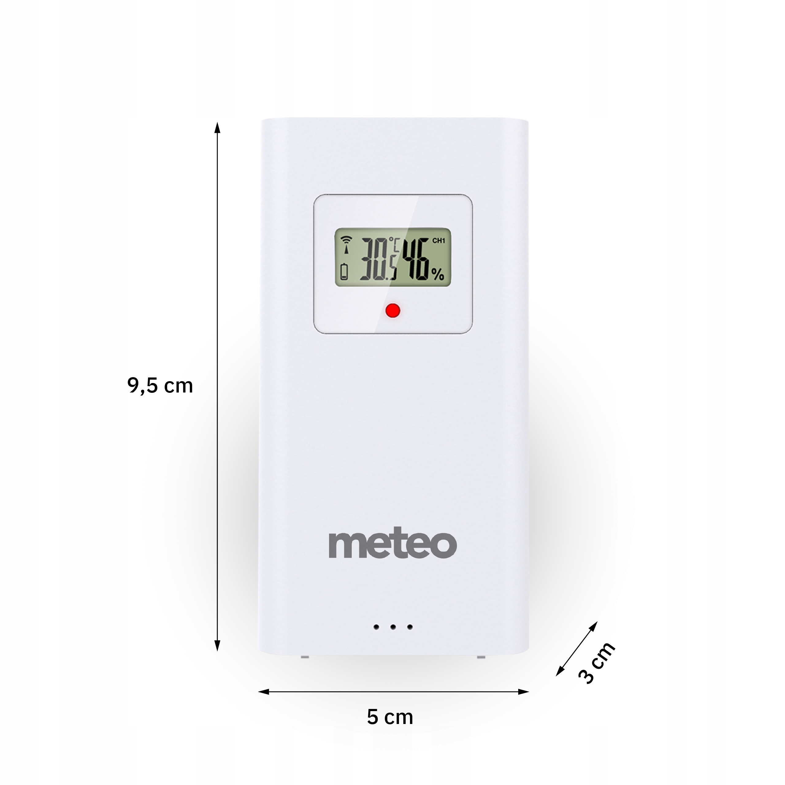 Biała stacja pogodowa wyświetla temperaturę i wilgotność. Ma czerwony przycisk i markę 'meteo'.