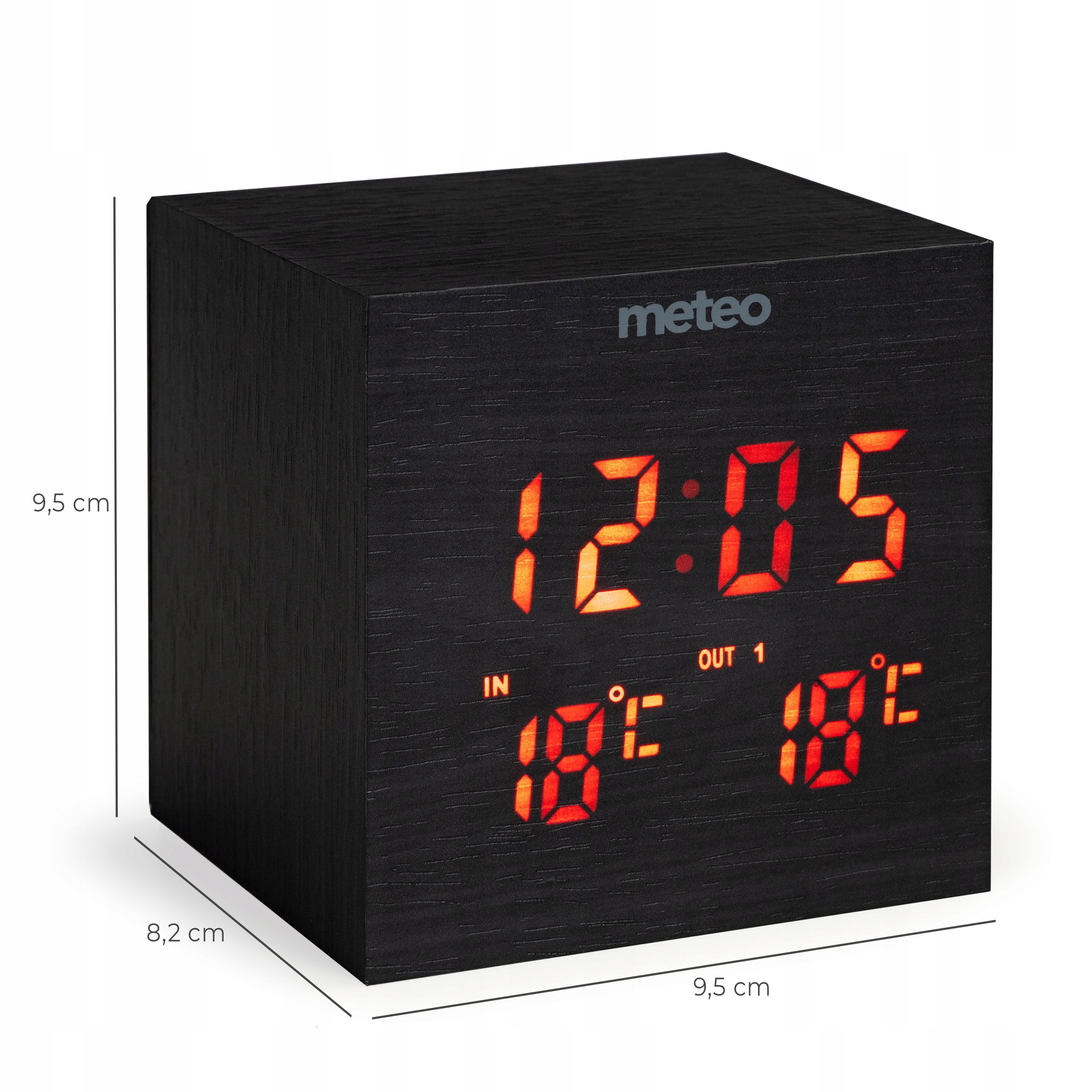 Czarny drewniany zegar z czerwonym wyświetlaczem cyfrowym pokazującym czas i temperaturę.
