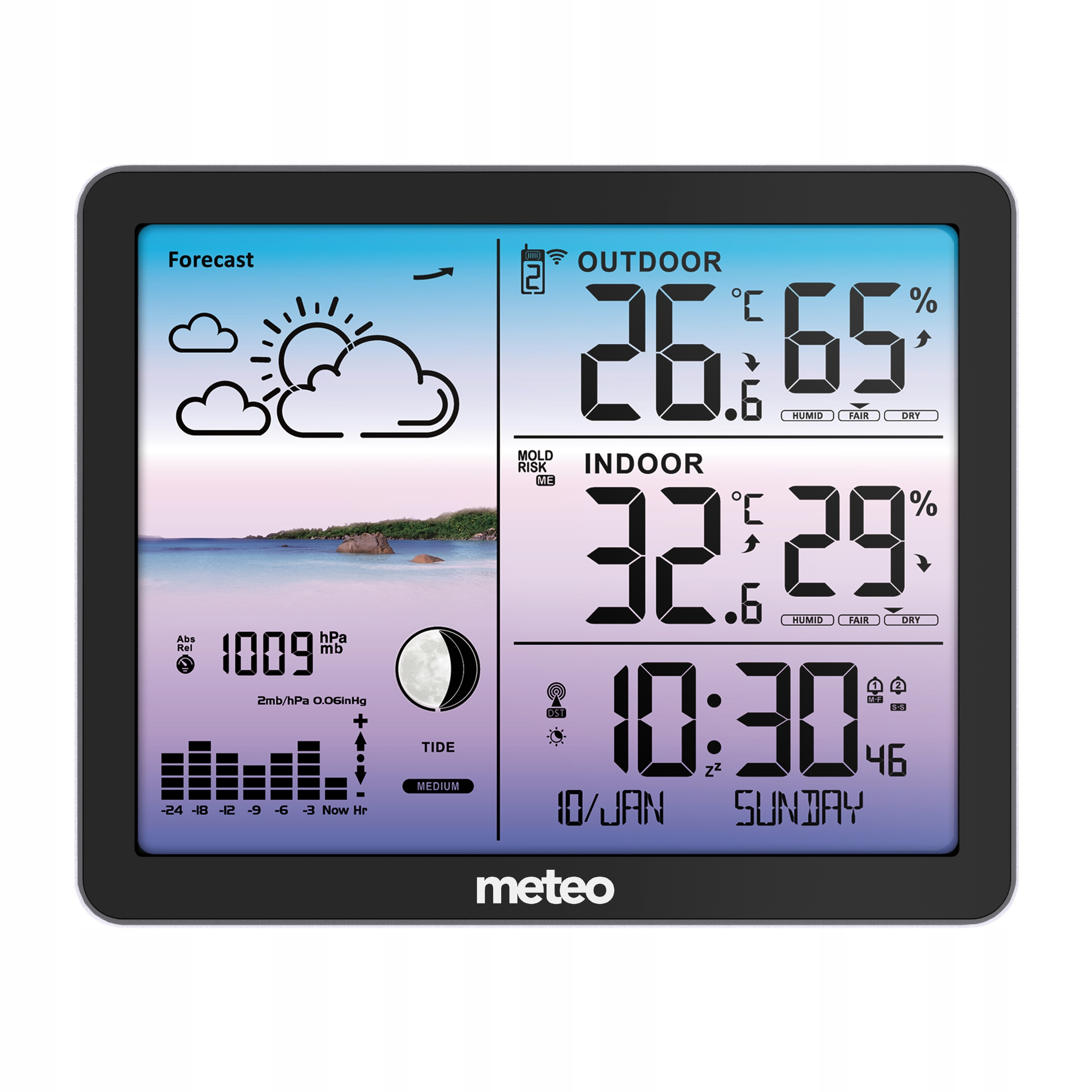 Cyfrowa stacja pogodowa wyświetla temp. zewnętrzną/wewnętrzną, wilgotność, czas, datę, pływy i prognozę pogody.