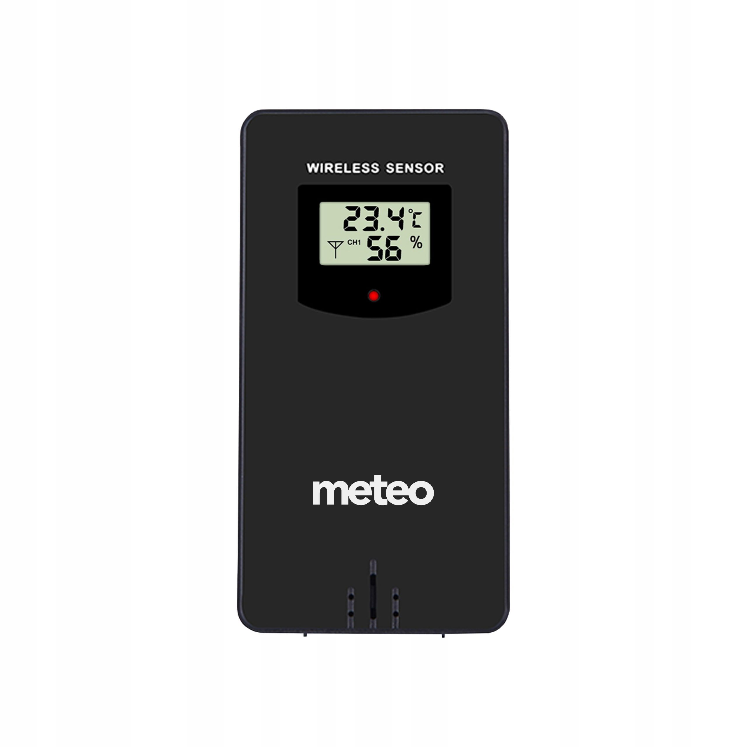 Czarny czujnik bezprzewodowy wyświetla temperaturę i wilgotność. Ma czerwone światło i słowo meteo.
