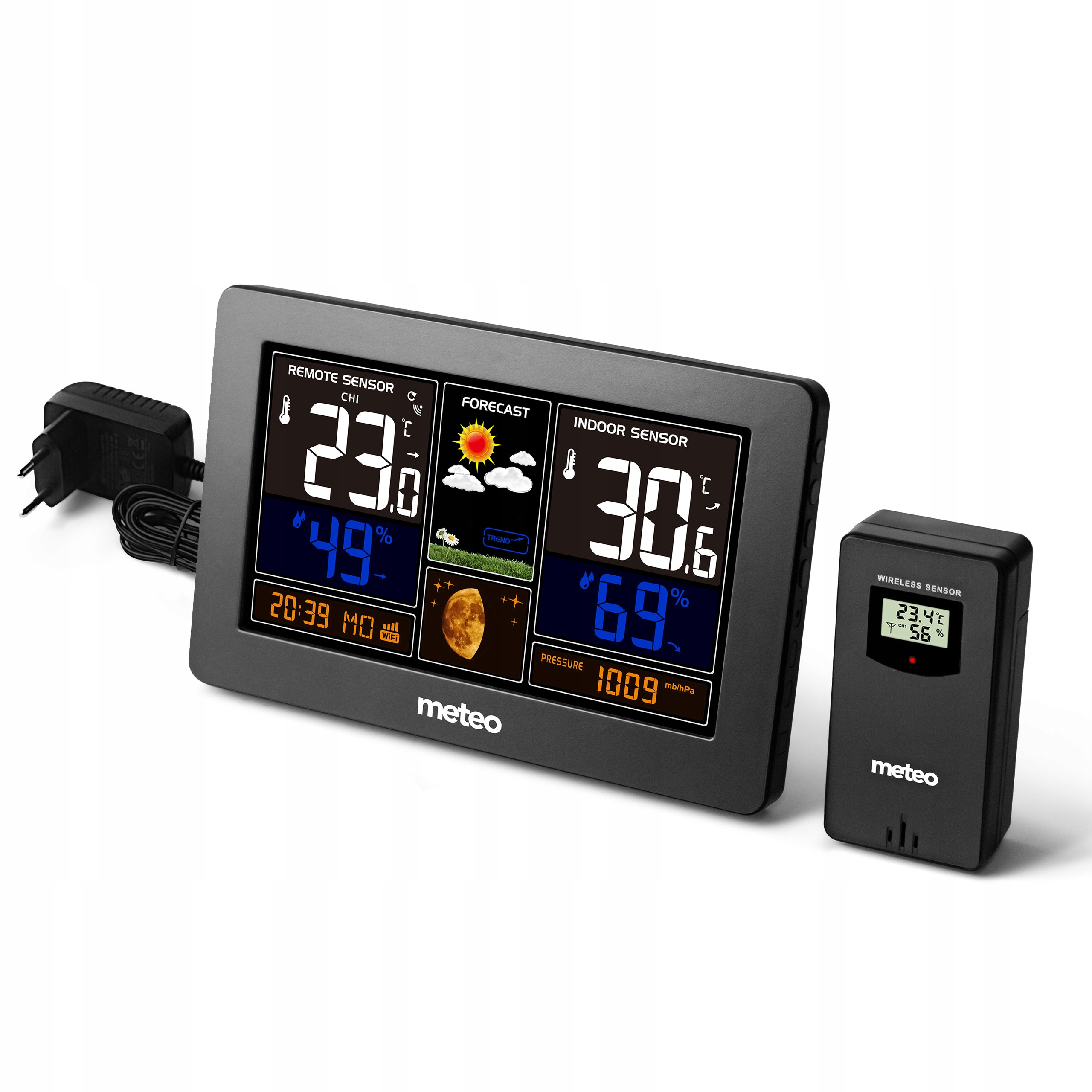 Czarna stacja pogodowa wyświetla temperaturę, wilgotność i prognozę. Po prawej stronie czujnik bezprzewodowy.