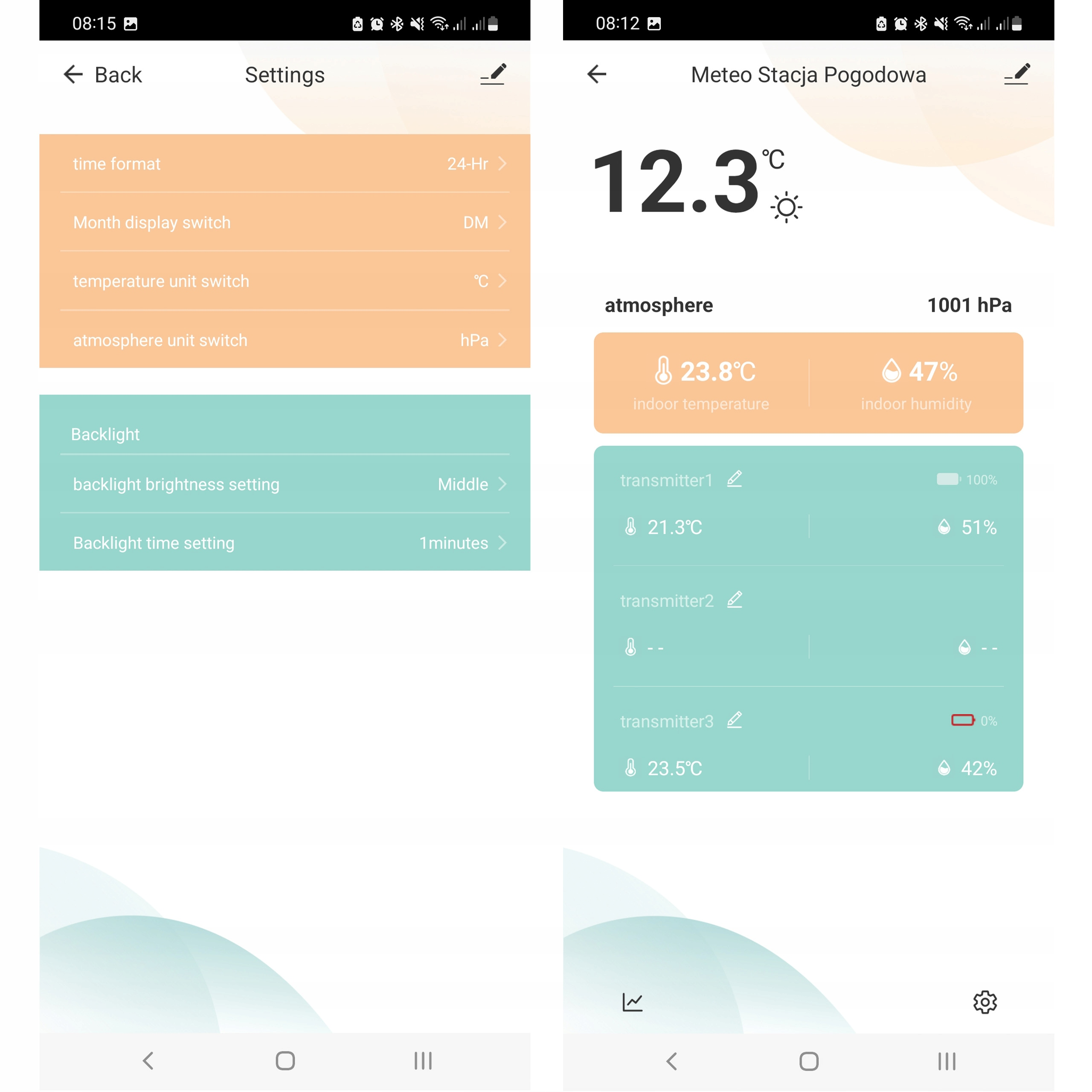 Ekran pokazuje dane pogodowe i ustawienia. Temperatura wynosi 12,3°C. Opcje: format czasu, podświetlenie, jednostka temperatury.