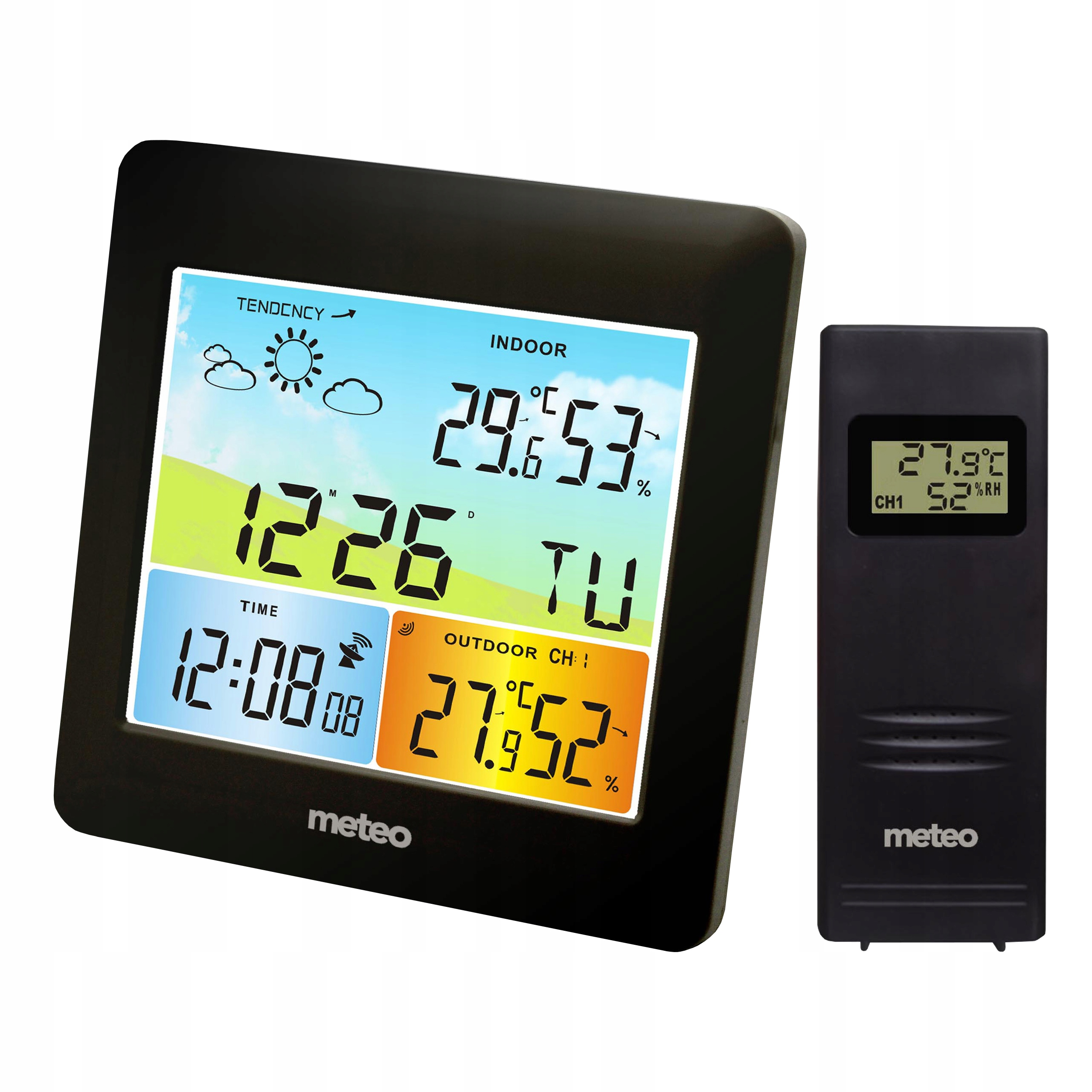 Czarna stacja pogodowa z cyfrowym wyświetlaczem, pokazującym temperaturę, godzinę i datę. Mniejsza jednostka pokazuje temperaturę zewnętrzną.