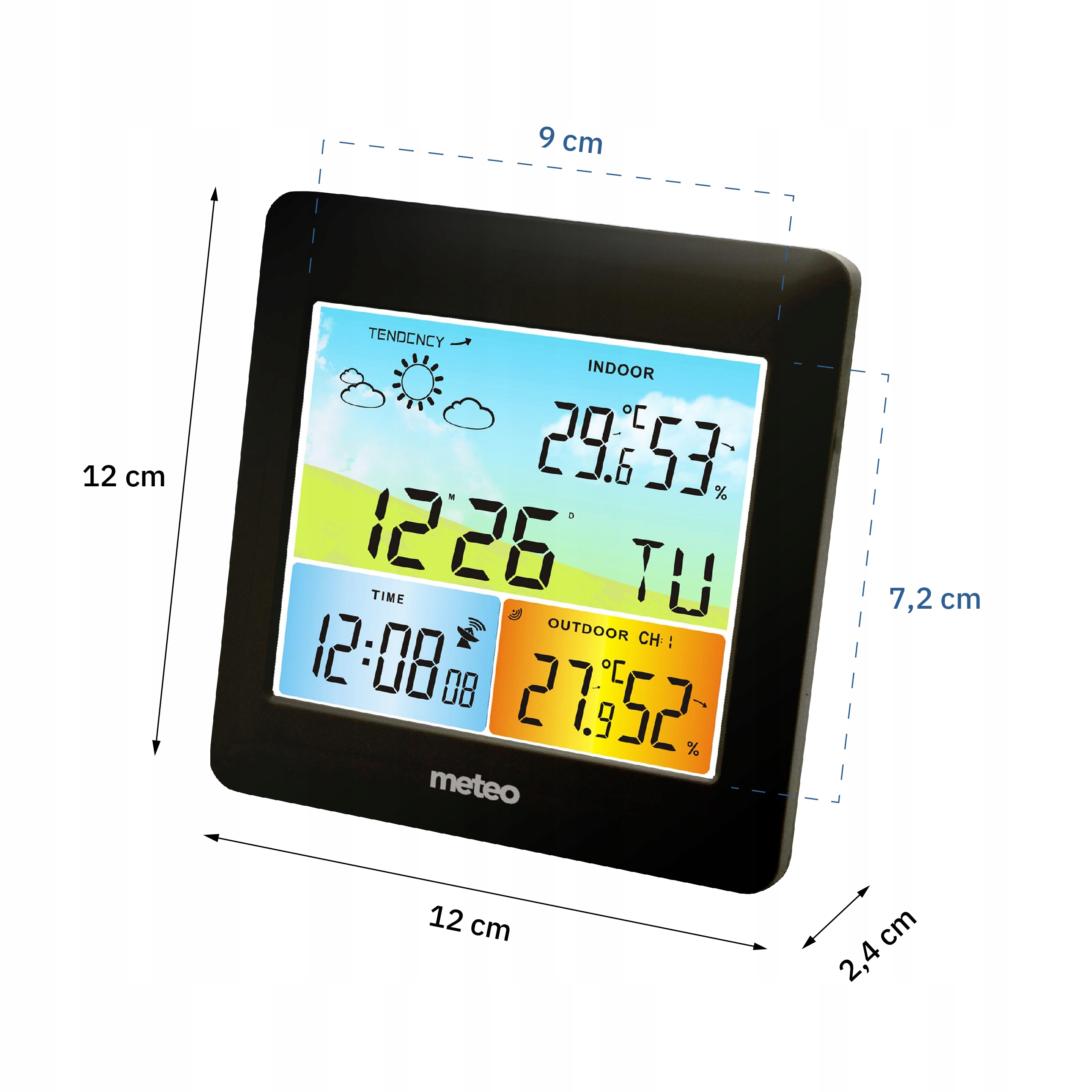 Czarna cyfrowa stacja pogodowa wyświetla temp. wewnątrz/na zewnątrz, czas i trend. Zawiera pomiary i logo marki.