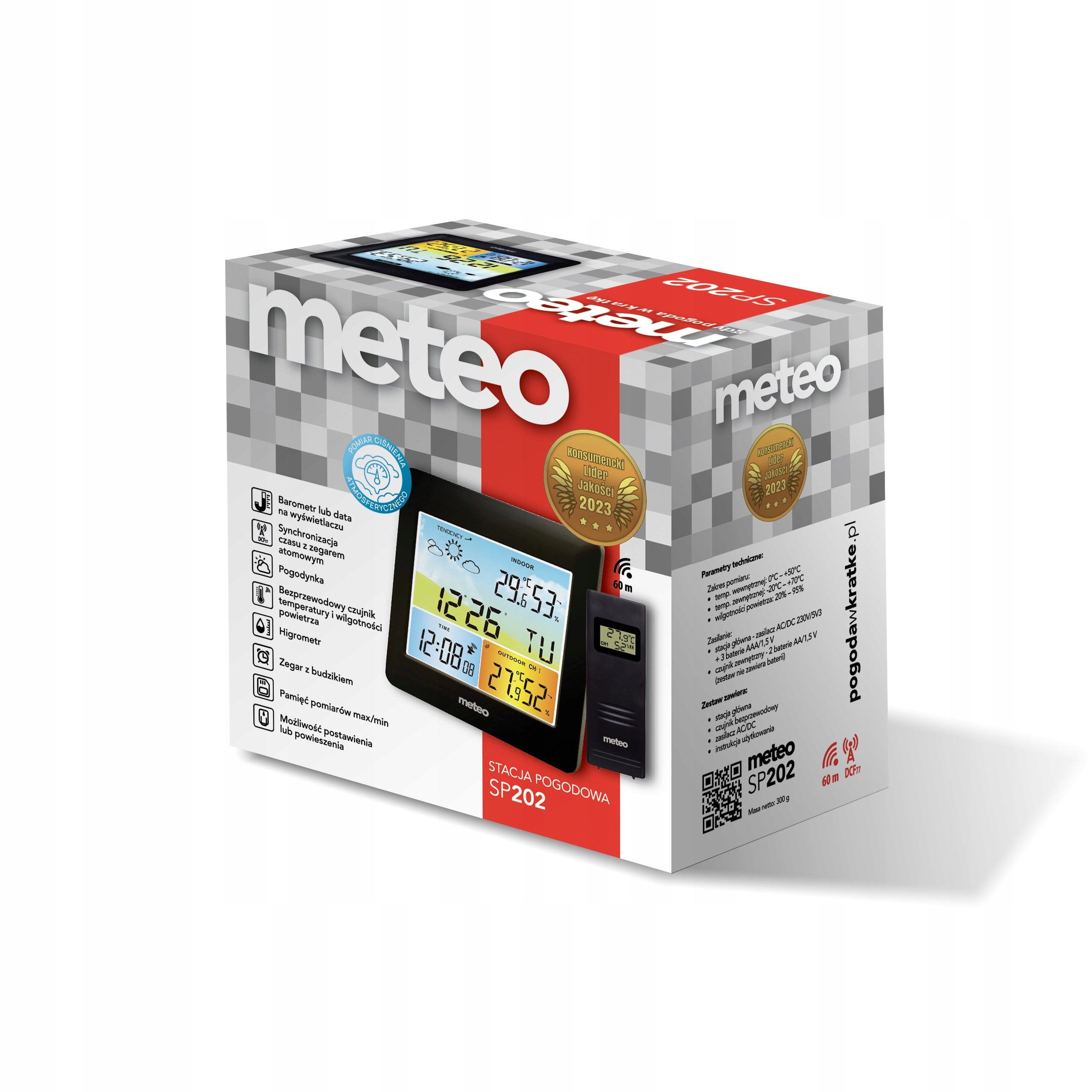 Pudełko stacji pogodowej wyświetla czas, temperaturę i wilgotność. Posiada cyfrowy ekran i osobny czujnik.