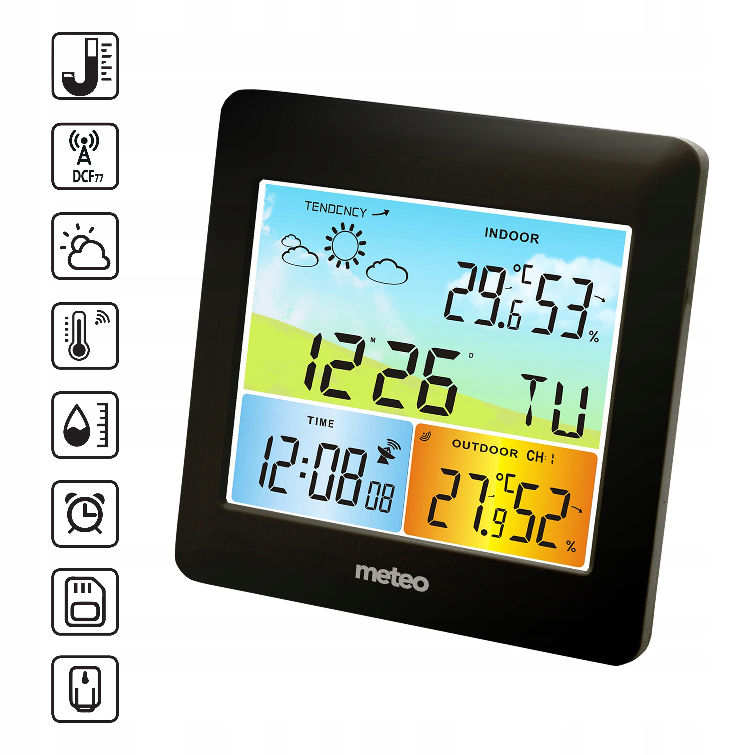 Czarna stacja pogodowa wyświetlająca temperaturę wewnątrz/na zewnątrz, godzinę i ikony tendencji pogodowych. Wyświetlacz jest wielokolorowy.